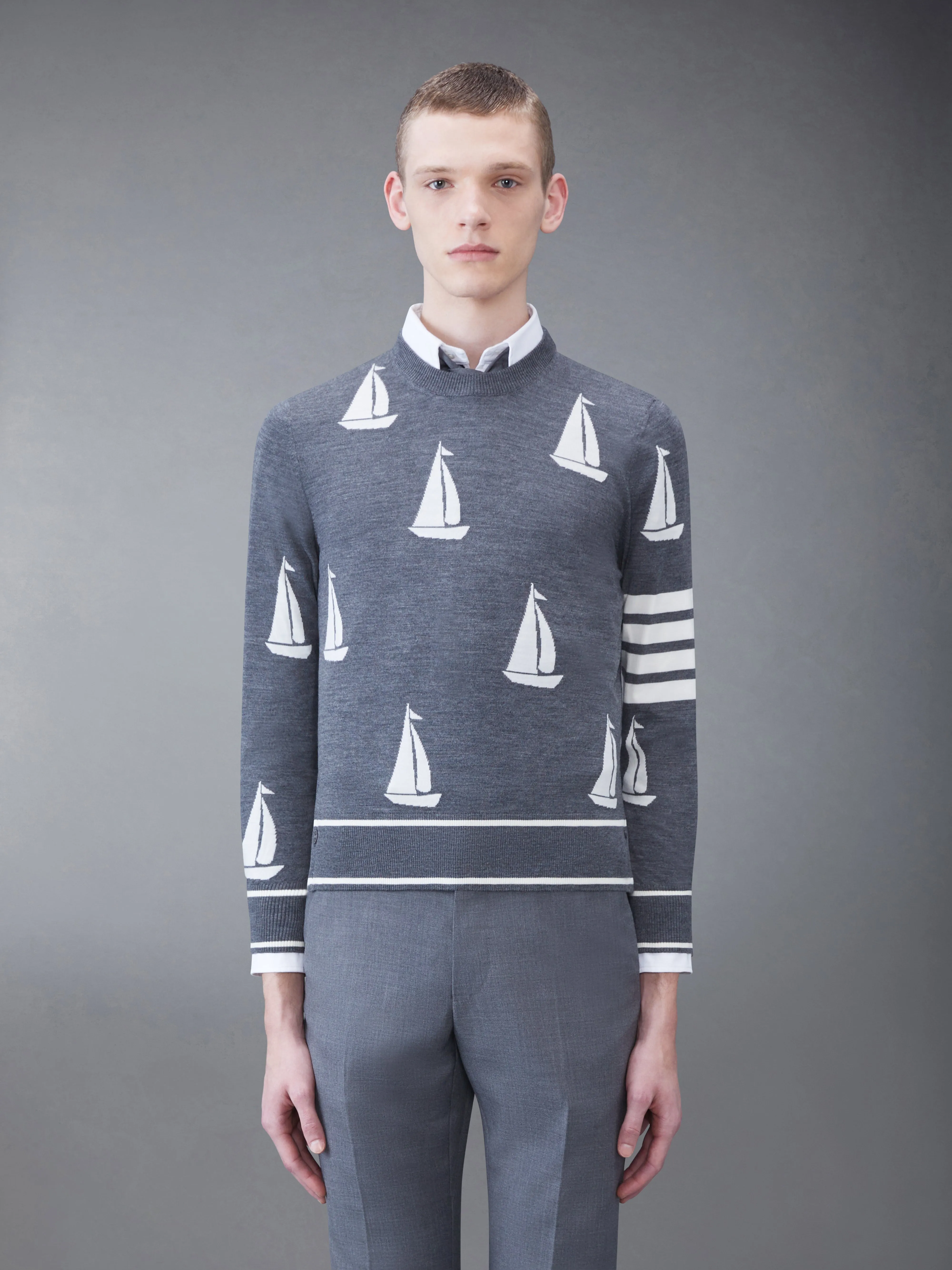 Merino Sailboat 4-bar Crew Neck Pullover sold by Thom Browne