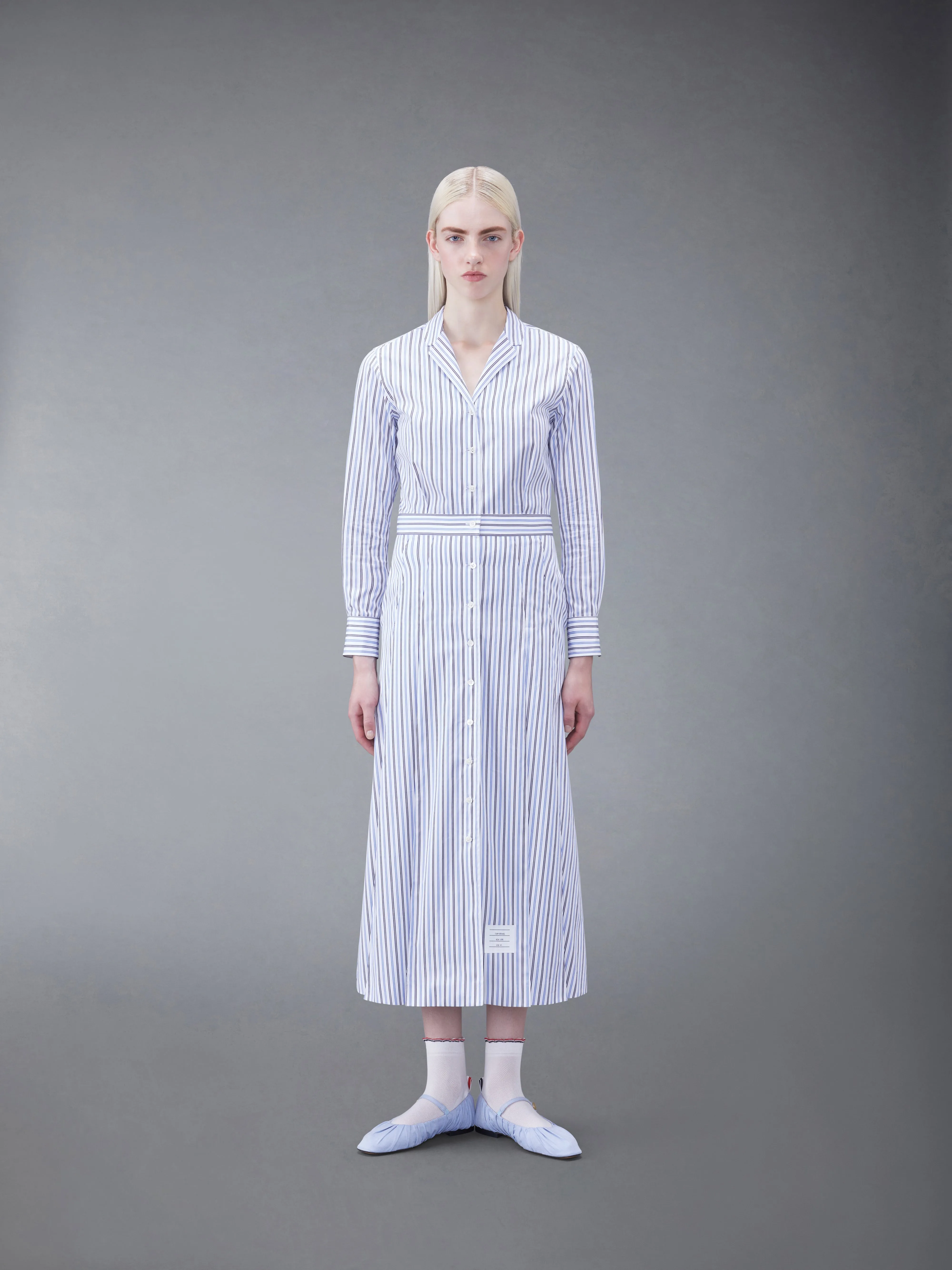STRIPE POPLIN MIDI A-LINE SHIRTDRESS sold by Thom Browne