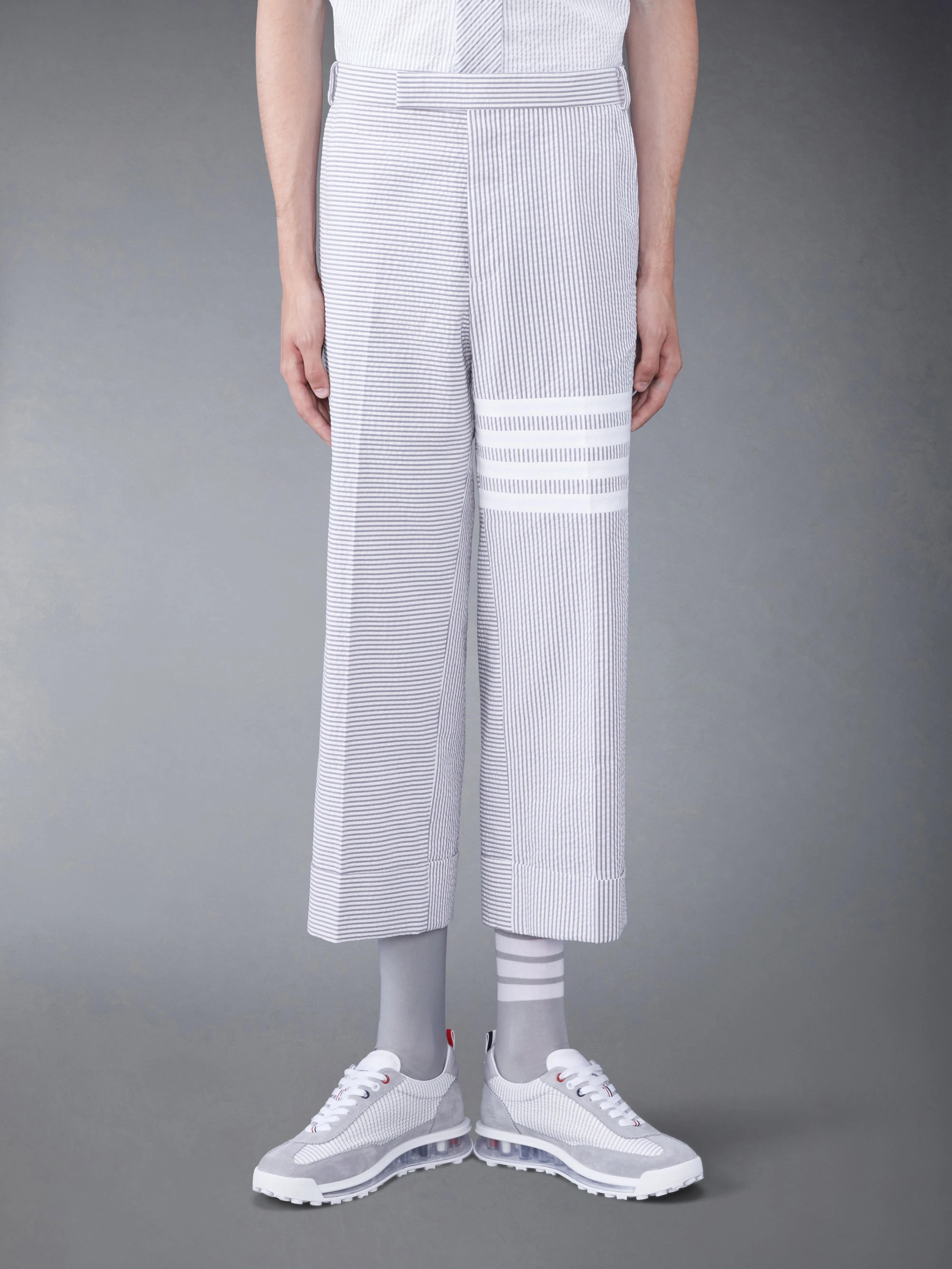 FUNMIX 4-BAR SEERSUCKER LOW RISE TROUSERS sold by Thom Browne
