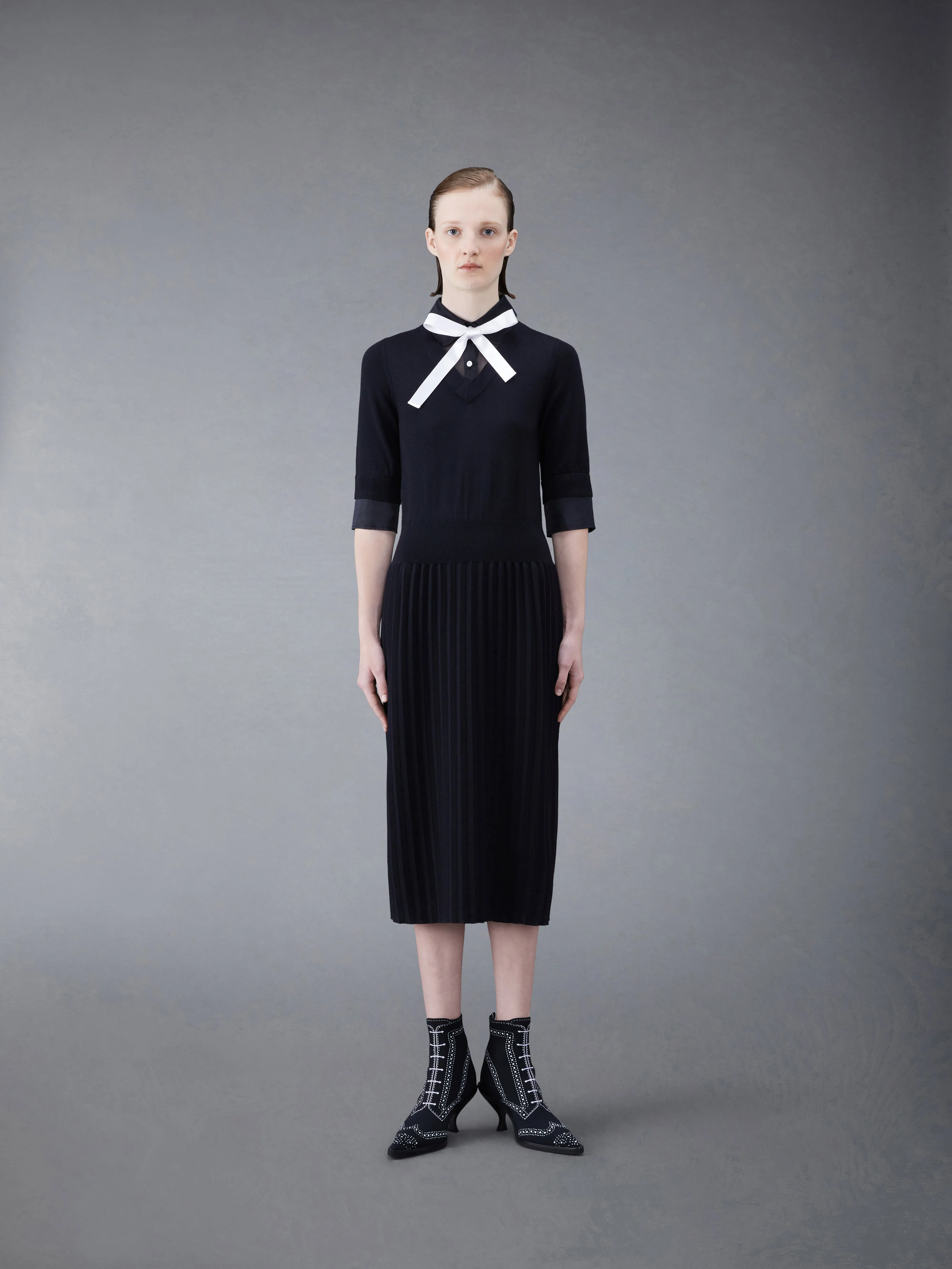 Wool Jersey Organza Pleated Bottom Ribbon Tie Combo Shirtdress sold by Thom Browne