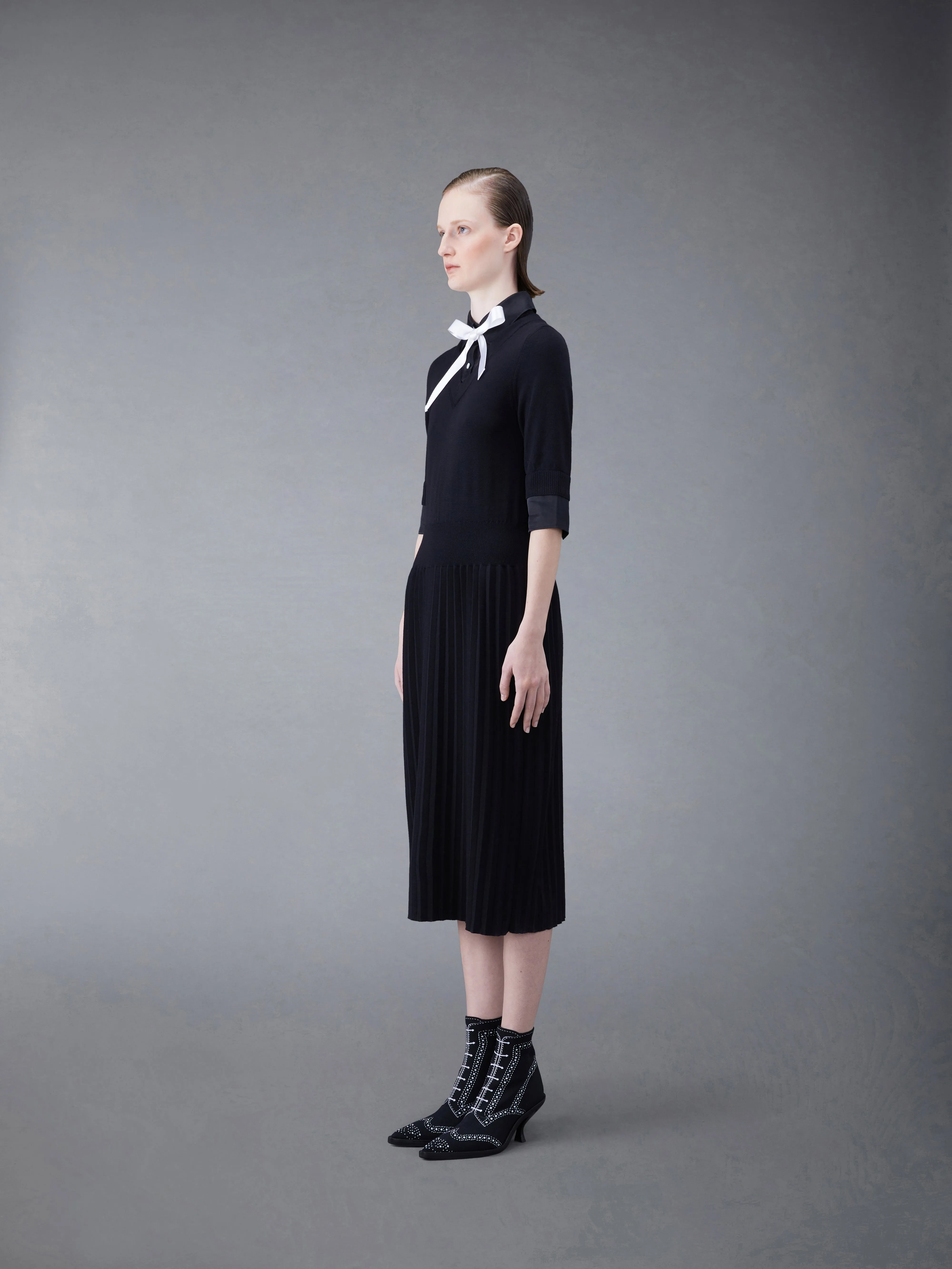 Wool Jersey Organza Pleated Bottom Ribbon Tie Combo Shirtdress sold by Thom Browne product image thumbnail 2