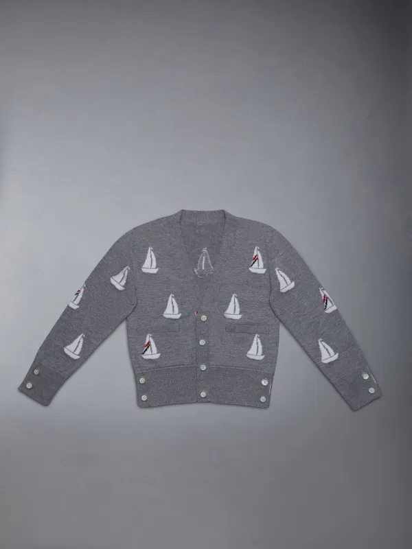 Kid's Fine Merino Half Drop V-Neck Cardigan sold by Thom Browne