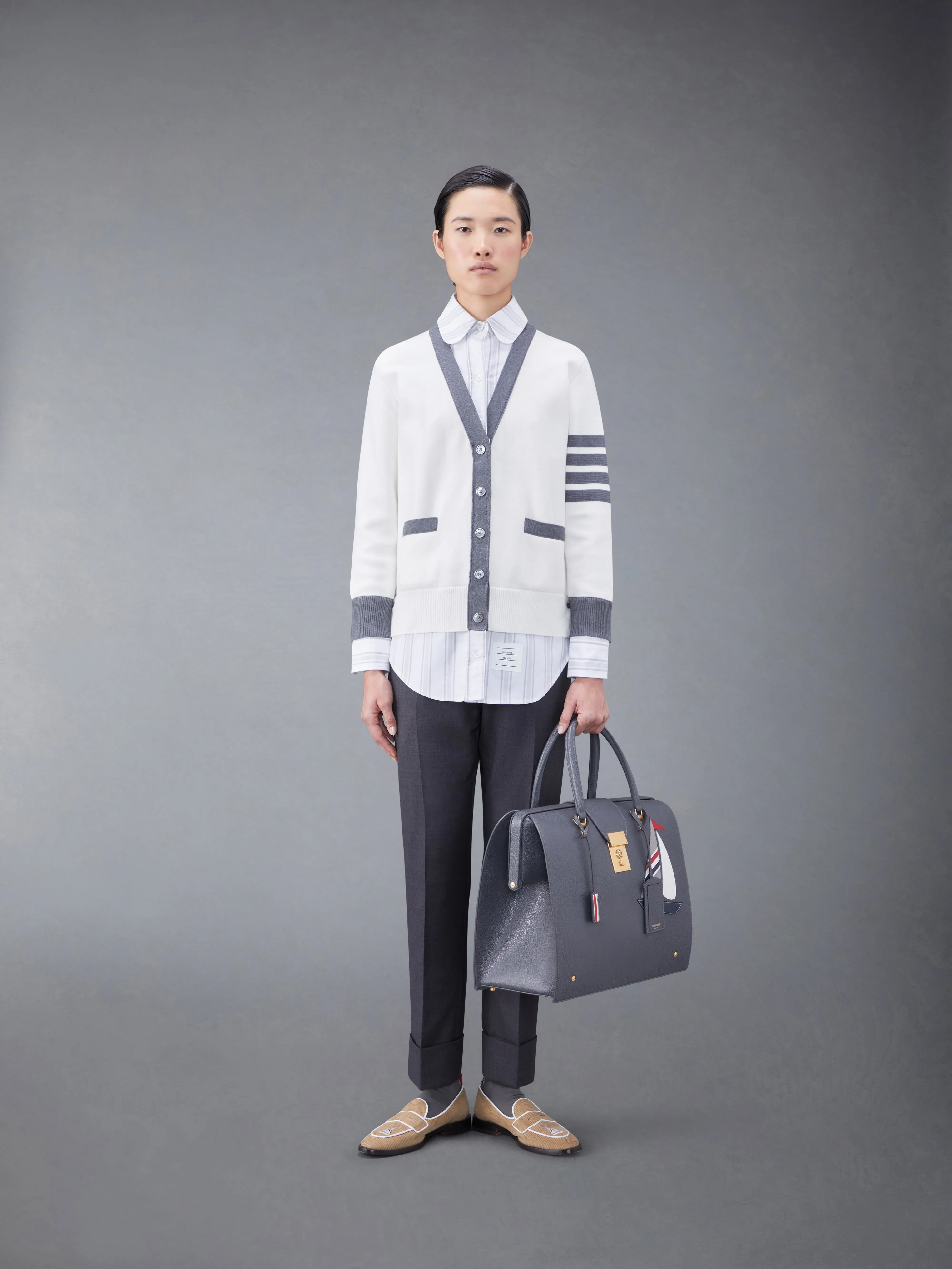 Cotton Milano and Oxford 4-Bar V-Neck Cardigan Shirt Combo sold by Thom Browne product image thumbnail 3