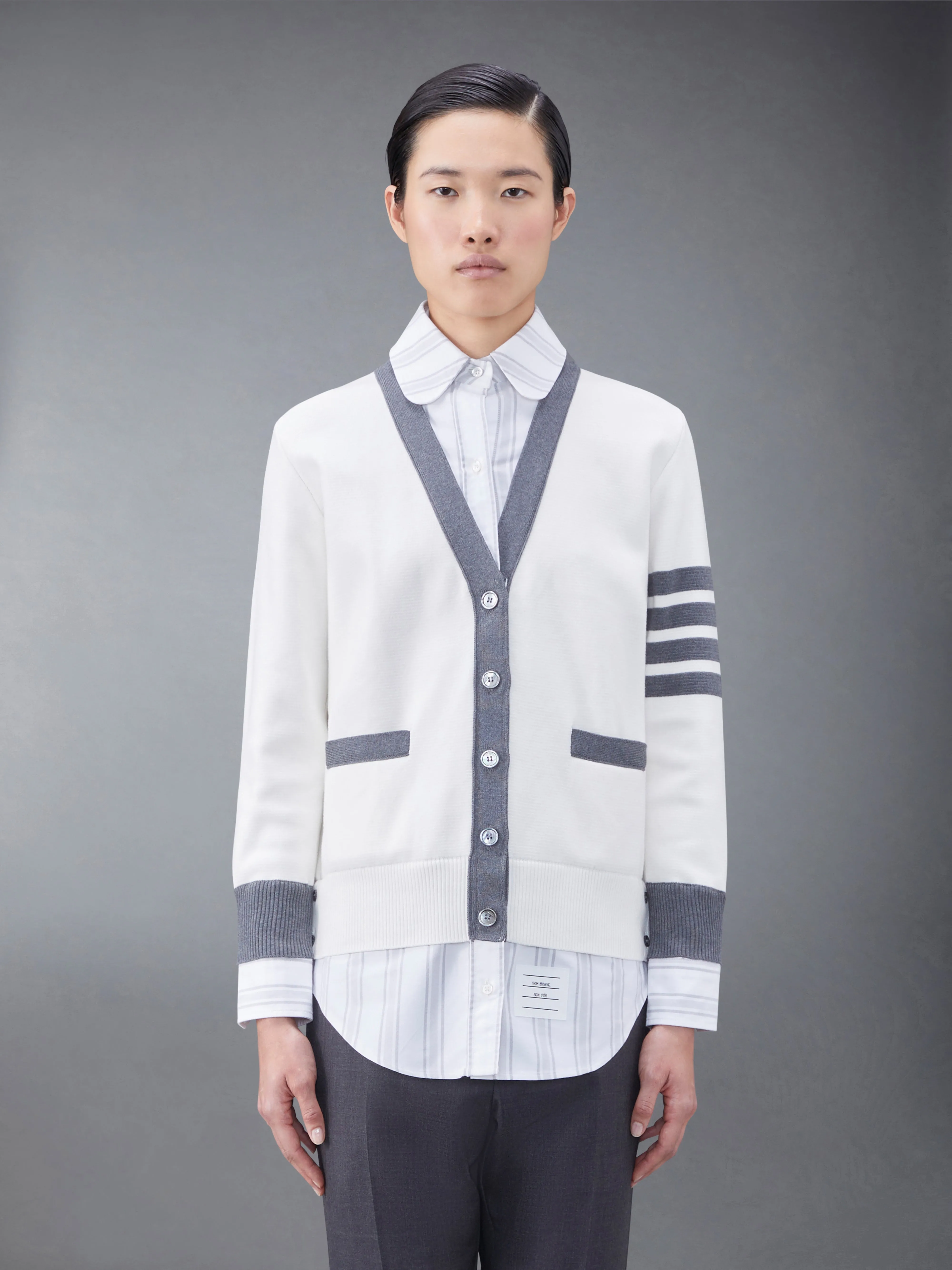 Cotton Milano and Oxford 4-Bar V-Neck Cardigan Shirt Combo sold by Thom Browne