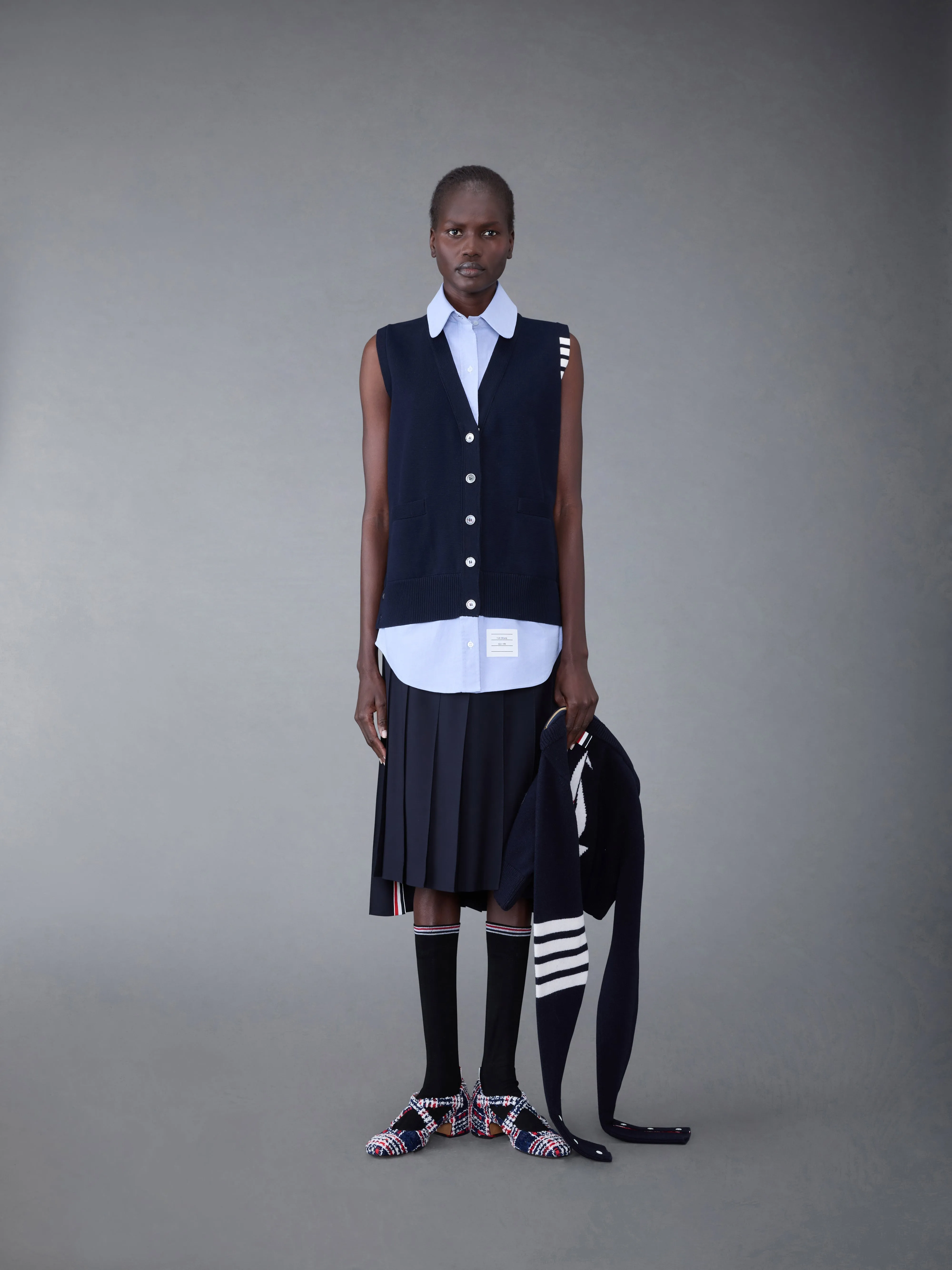 Cotton Milano and Oxford 4-Bar V-Neck Cardigan Vest and Shirt Combo sold by Thom Browne product image thumbnail 3