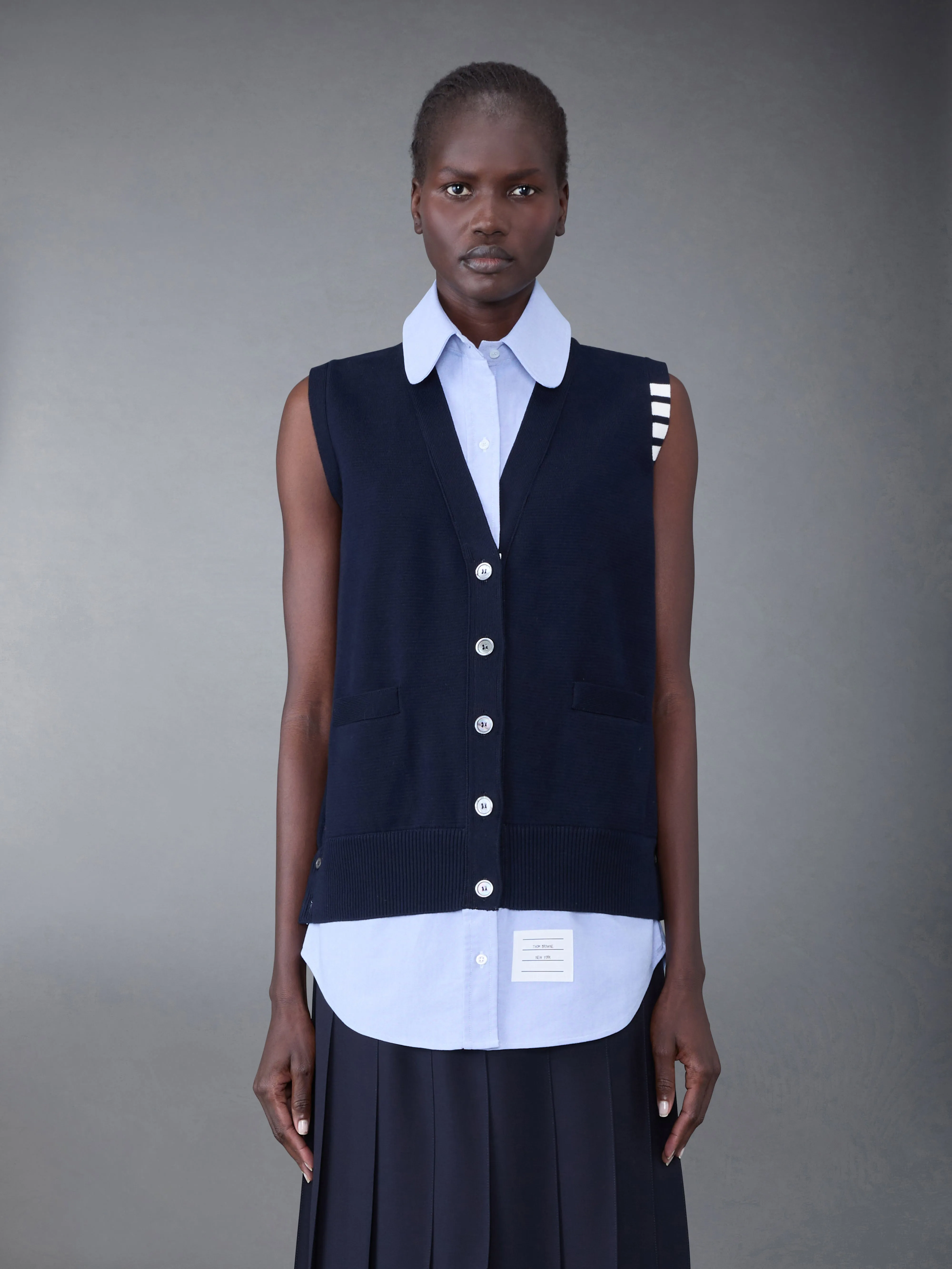 Cotton Milano and Oxford 4-Bar V-Neck Cardigan Vest and Shirt Combo sold by Thom Browne