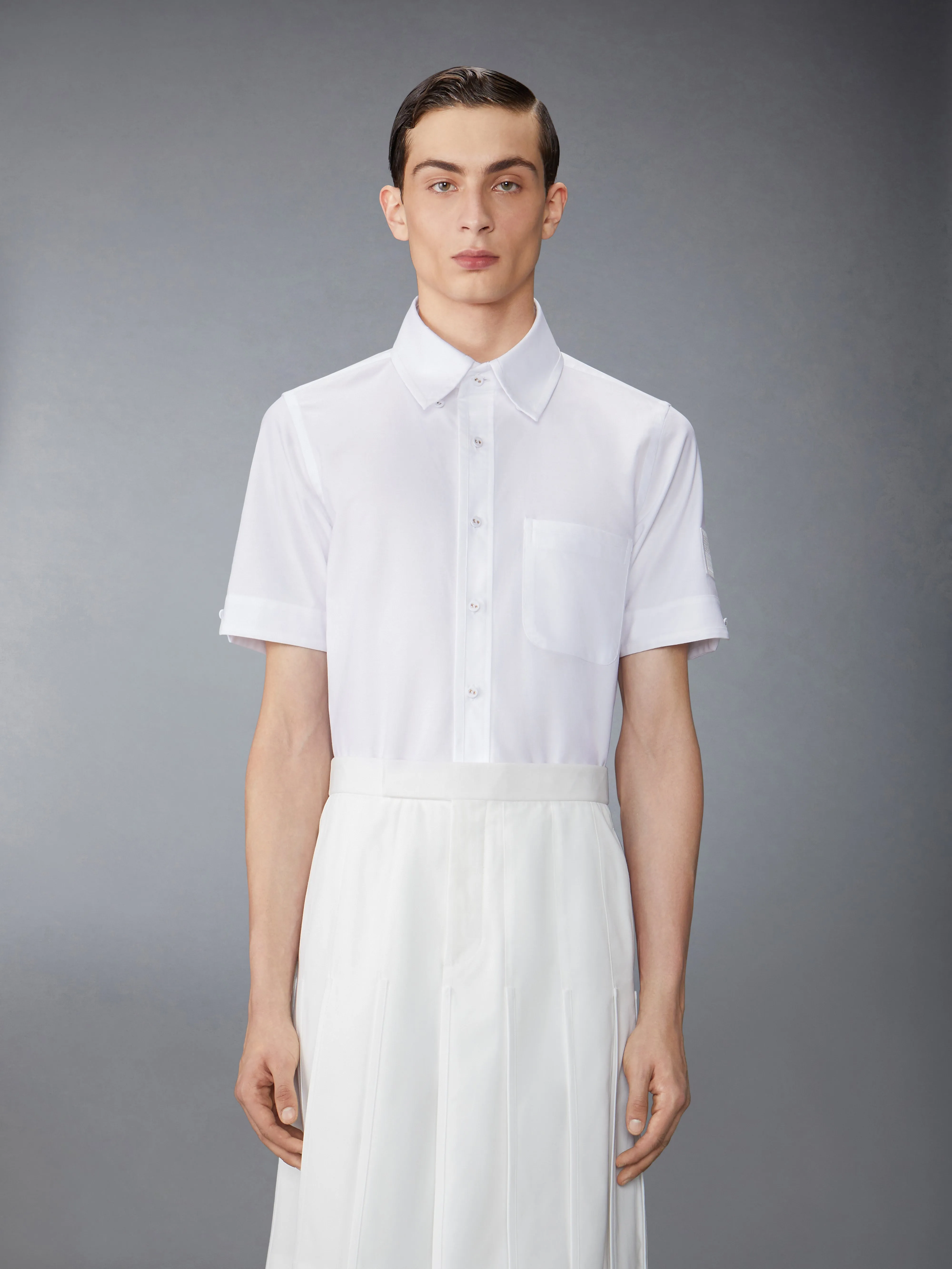 OXFORD SELF TIPPING AND FLAG PATCH SHIRT sold by Thom Browne
