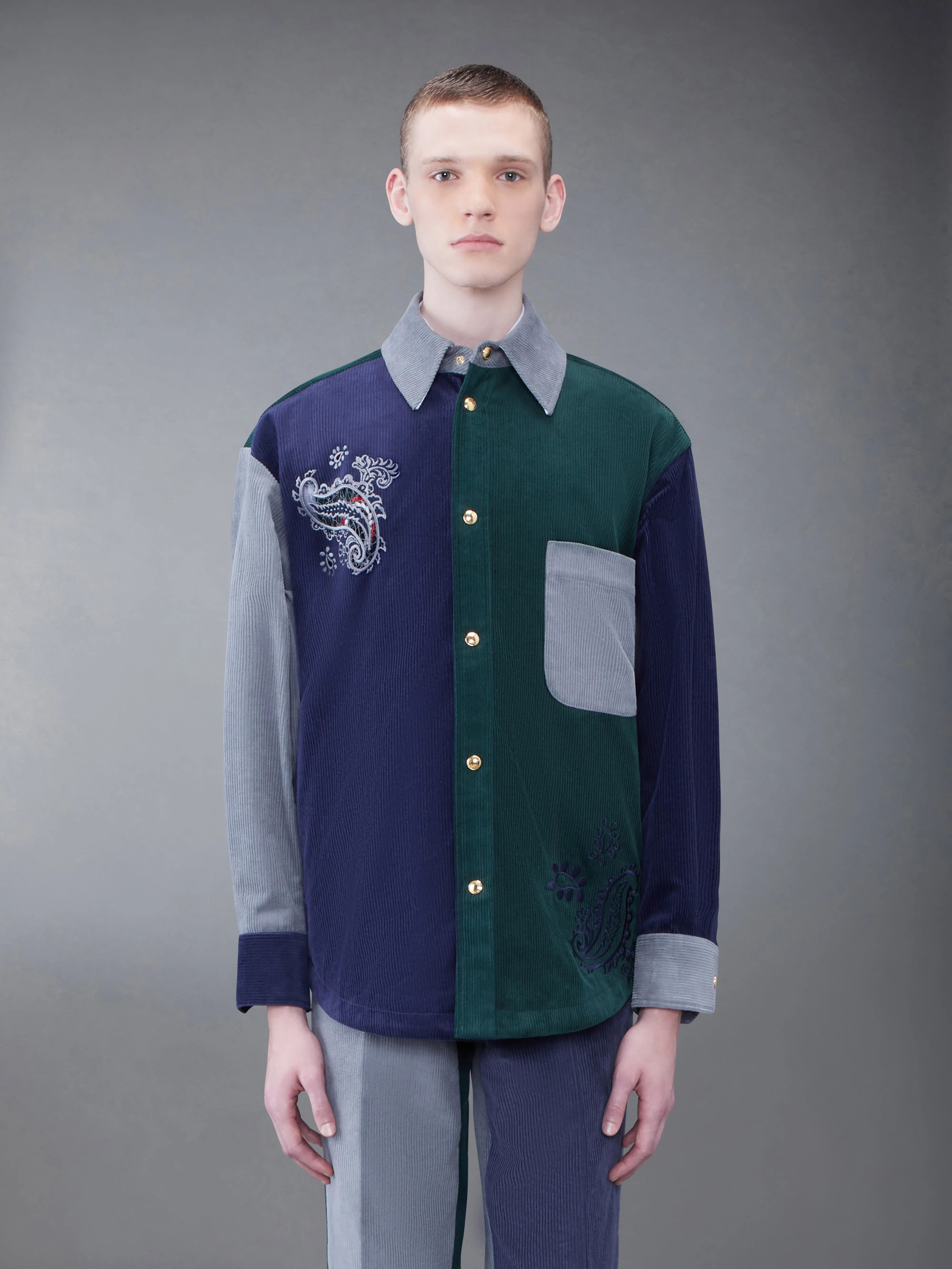 Fun-Mix Corduroy Paisley Patch Shirt Jacket sold by Thom Browne