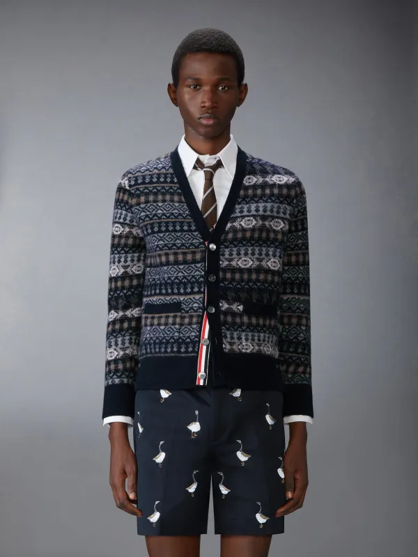 BRUSHED SHETLAND AND MERINO WOOL FUNMIX FAIR AILE JACQUARD V NECK CARDIGAN sold by Thom Browne