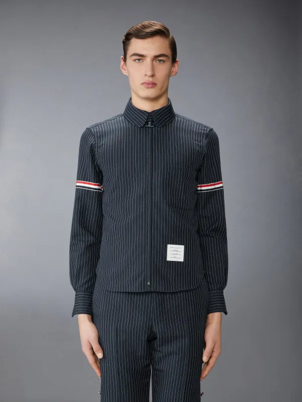 PINSTRIPE HIGH TWIST WOOL ZIP UP SHIRT sold by Thom Browne