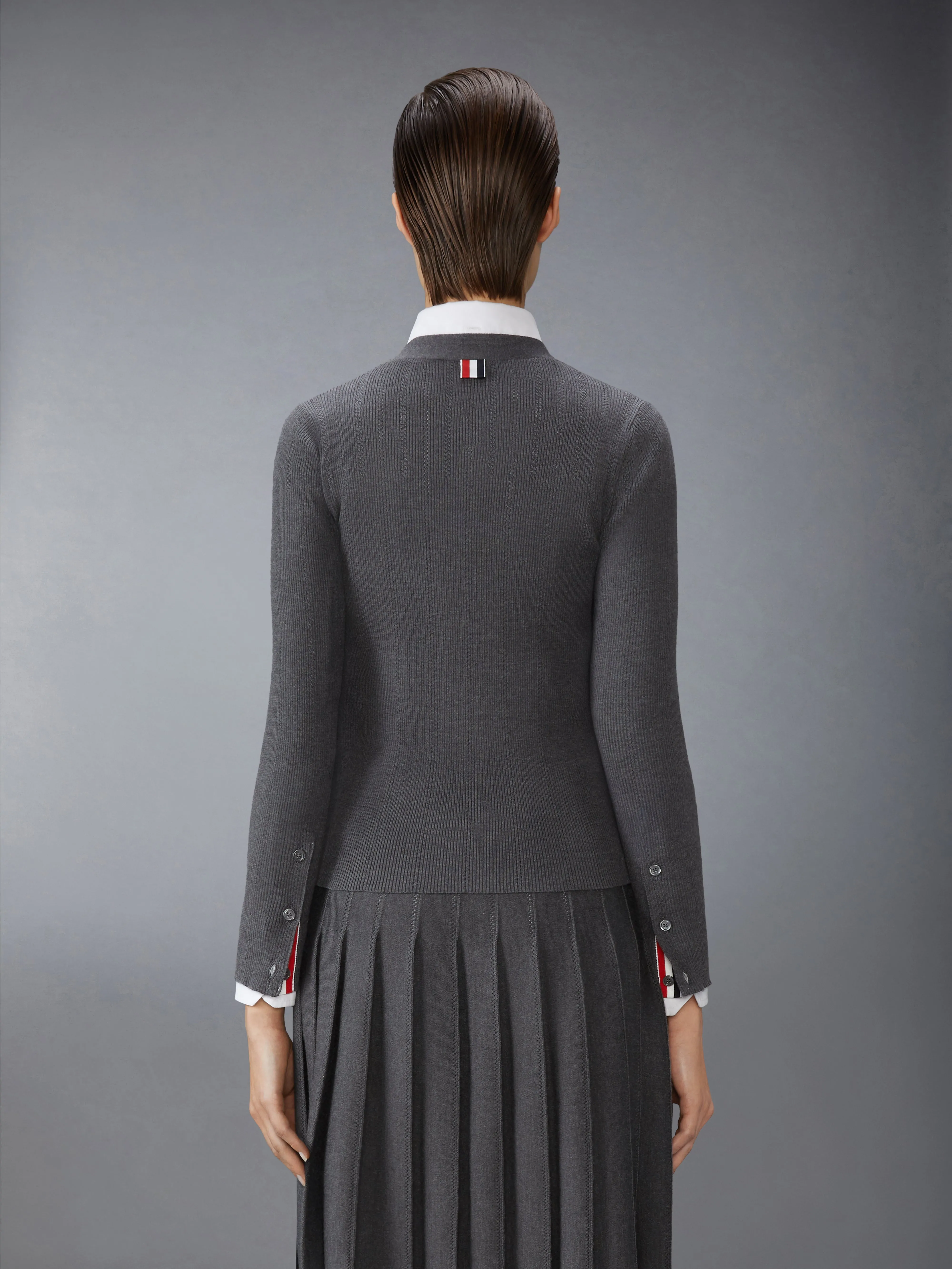 WOOL SILK POINTELLE V NECK CARDIGAN sold by Thom Browne product image thumbnail 2