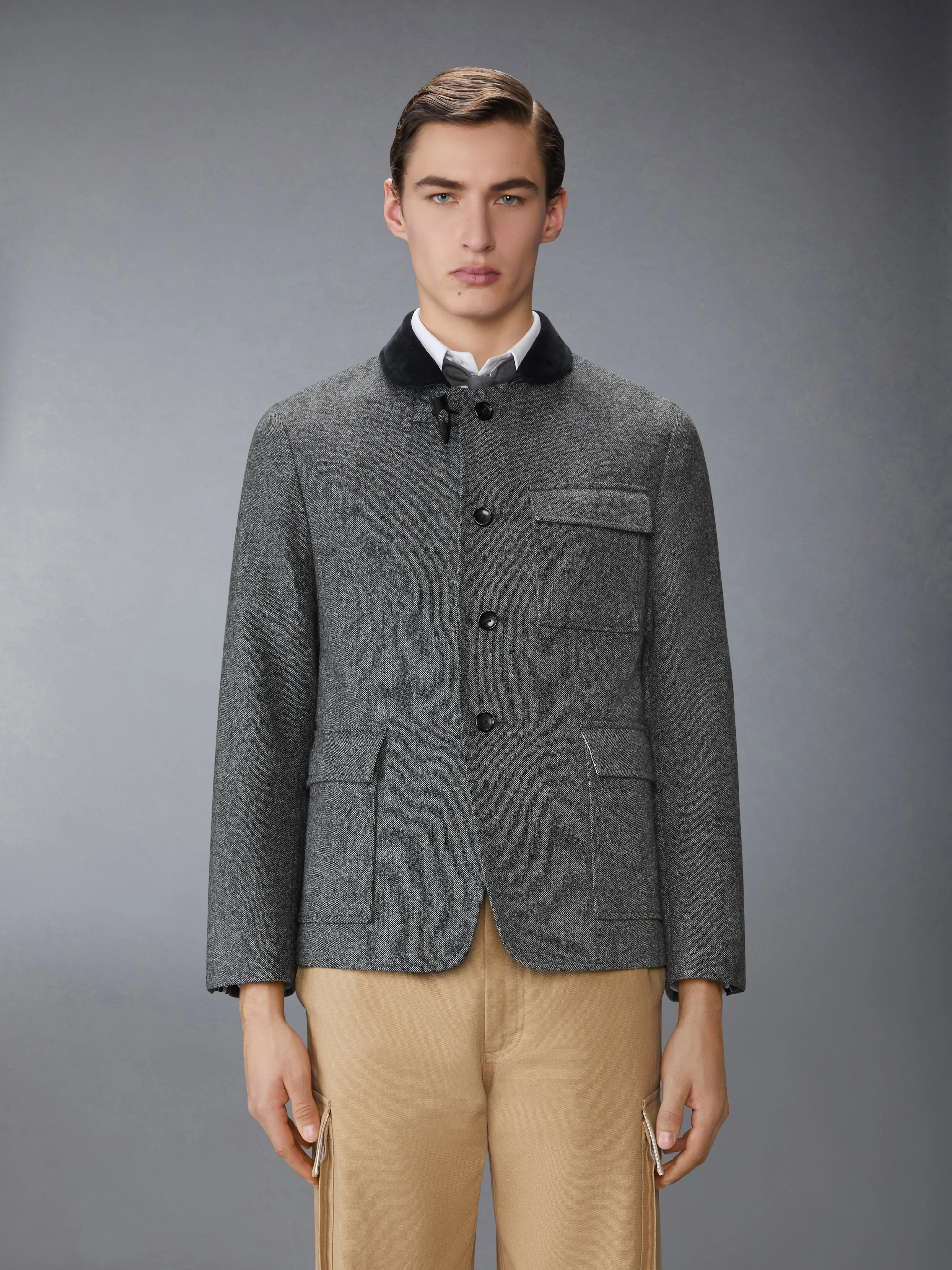 SOLID DONEGAL TWEED FISHERMAN SHAWL SPORTCOAT sold by Thom Browne