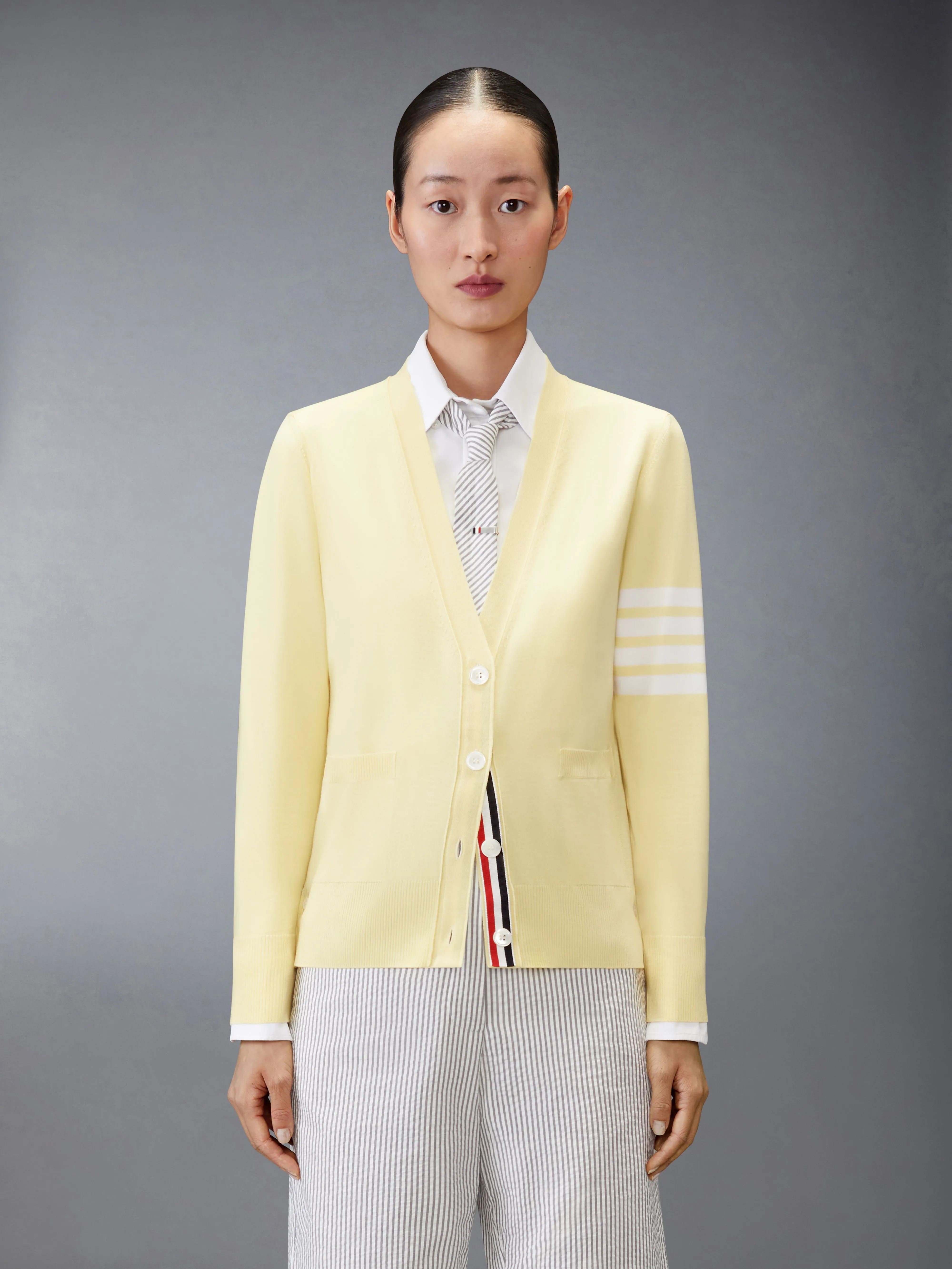 MERINO WOOL 4-BAR RELAXED FIT V-NECK CARDIGAN sold by Thom Browne