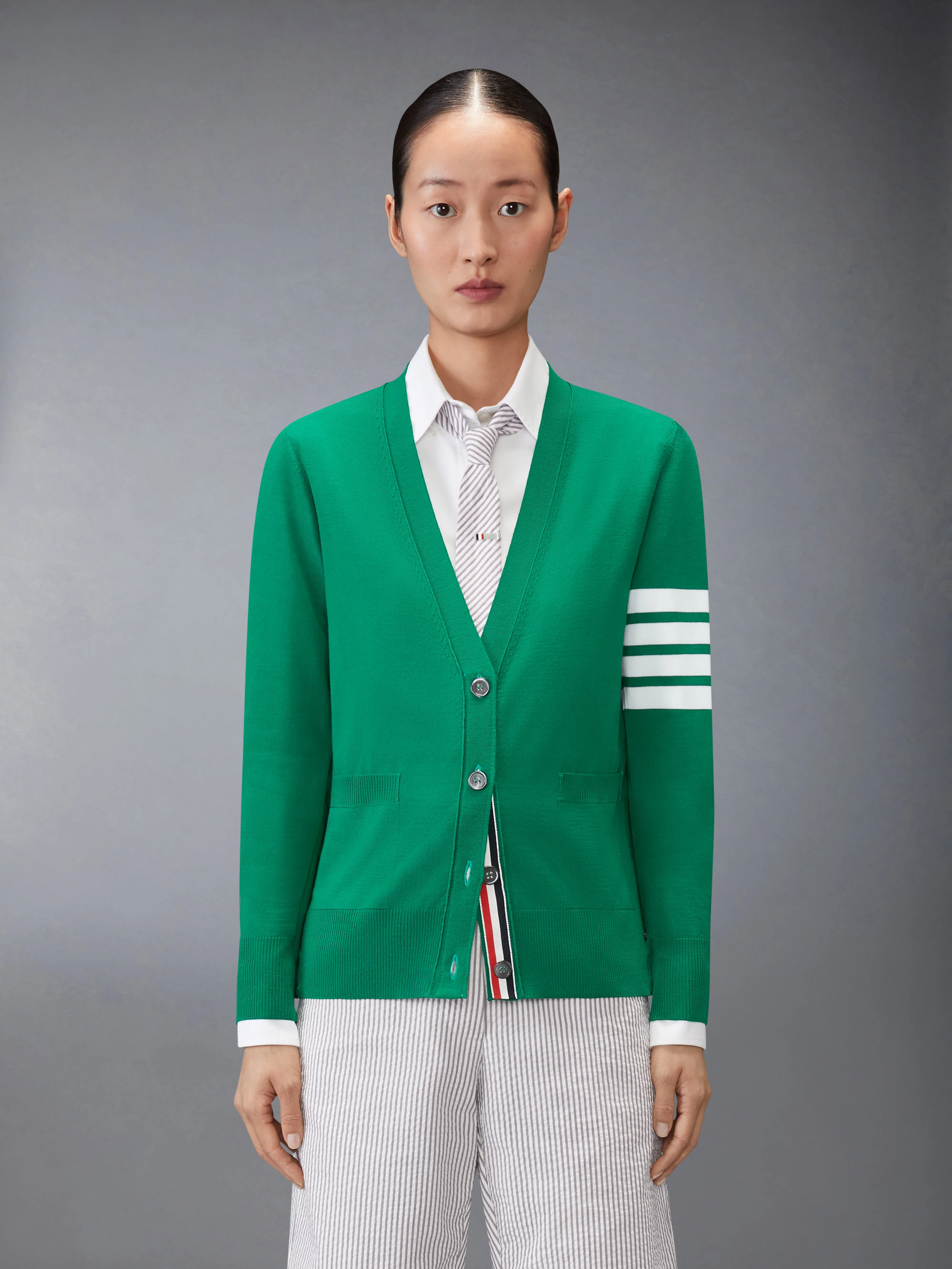 MERINO WOOL 4-BAR RELAXED FIT V-NECK CARDIGAN sold by Thom Browne