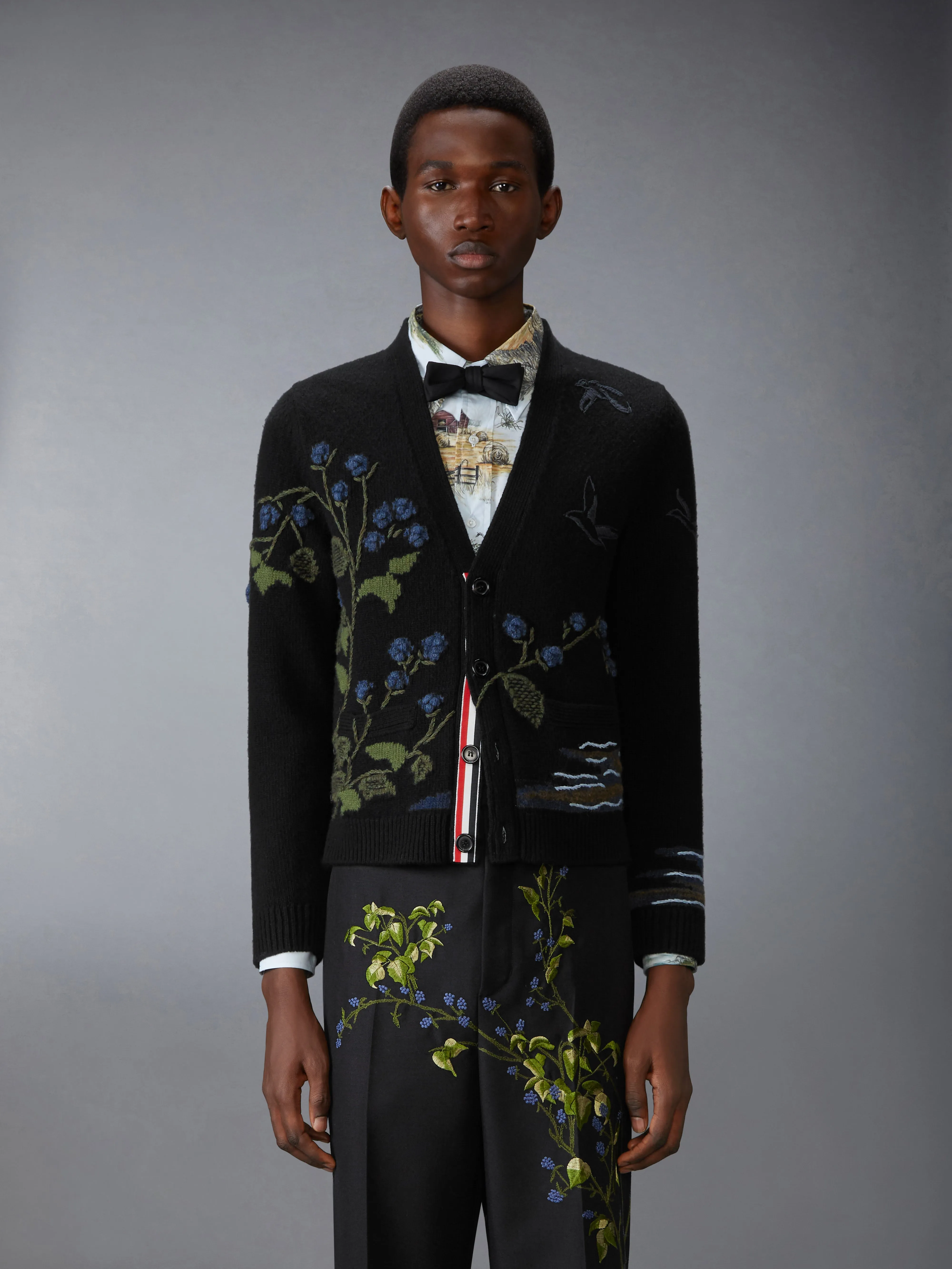 SCENIC INTARSIA FINE MERINO WOOL V NECK CARDIGAN sold by Thom Browne