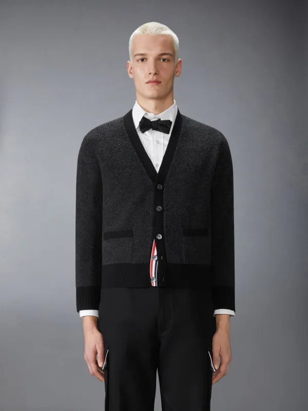 MERINO WOOL INTARSIA V NECK CARDIGAN sold by Thom Browne