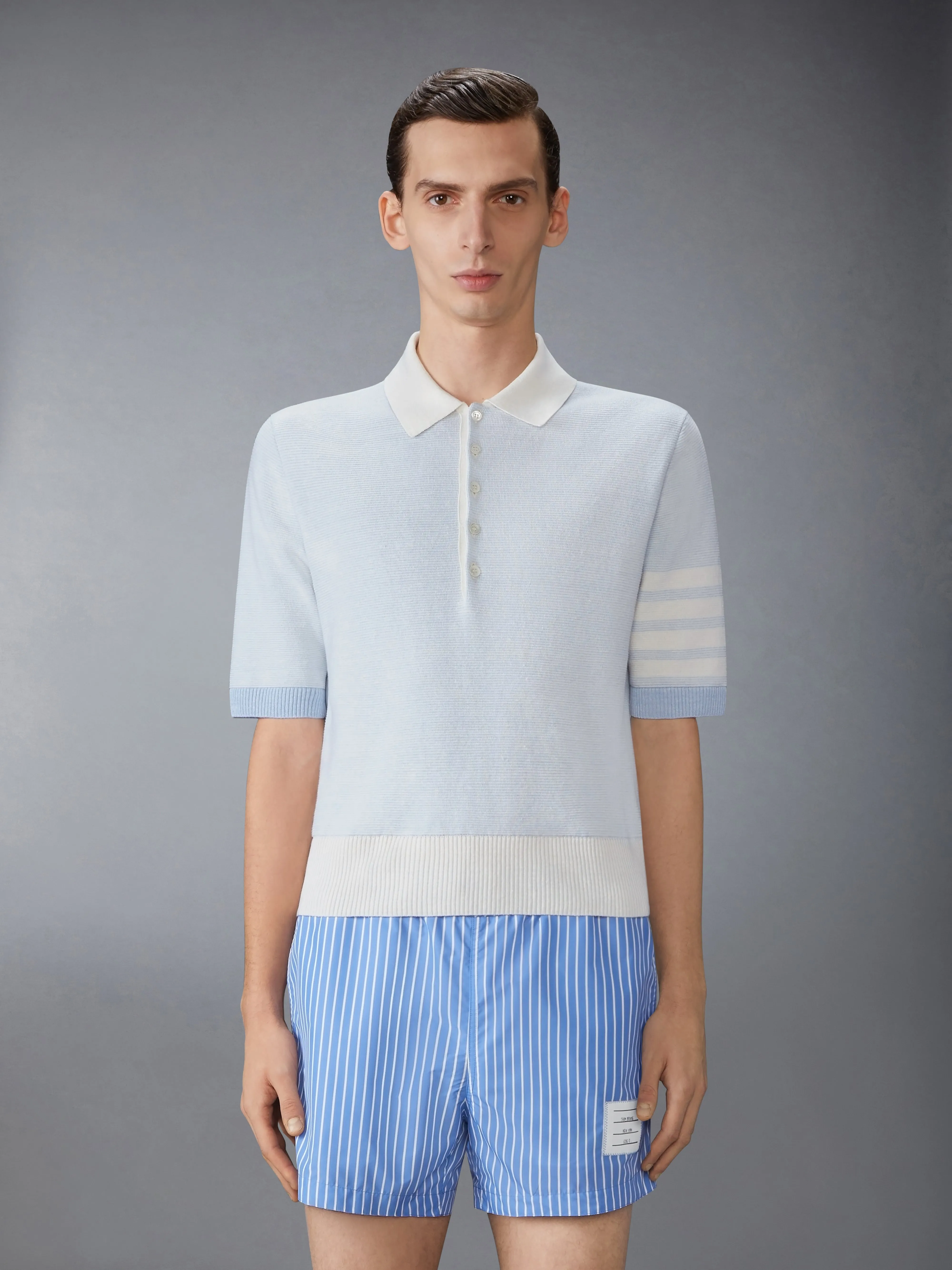 TEXTURED STRIPE STITCH 4-BAR RELAXED FIT POLO sold by Thom Browne