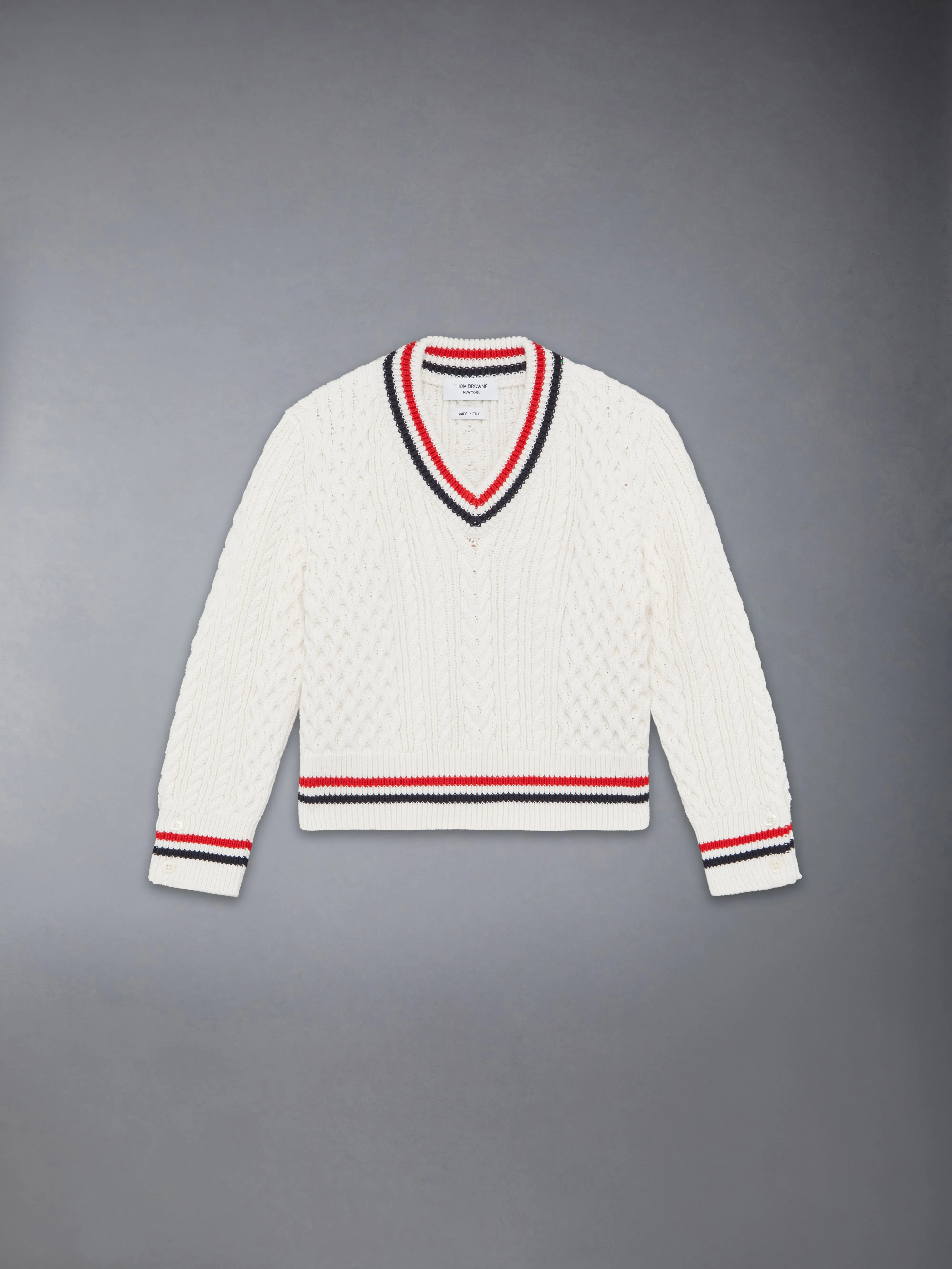 ARAN CABLE RWB CRICKET STRIPE PULLOVER sold by Thom Browne