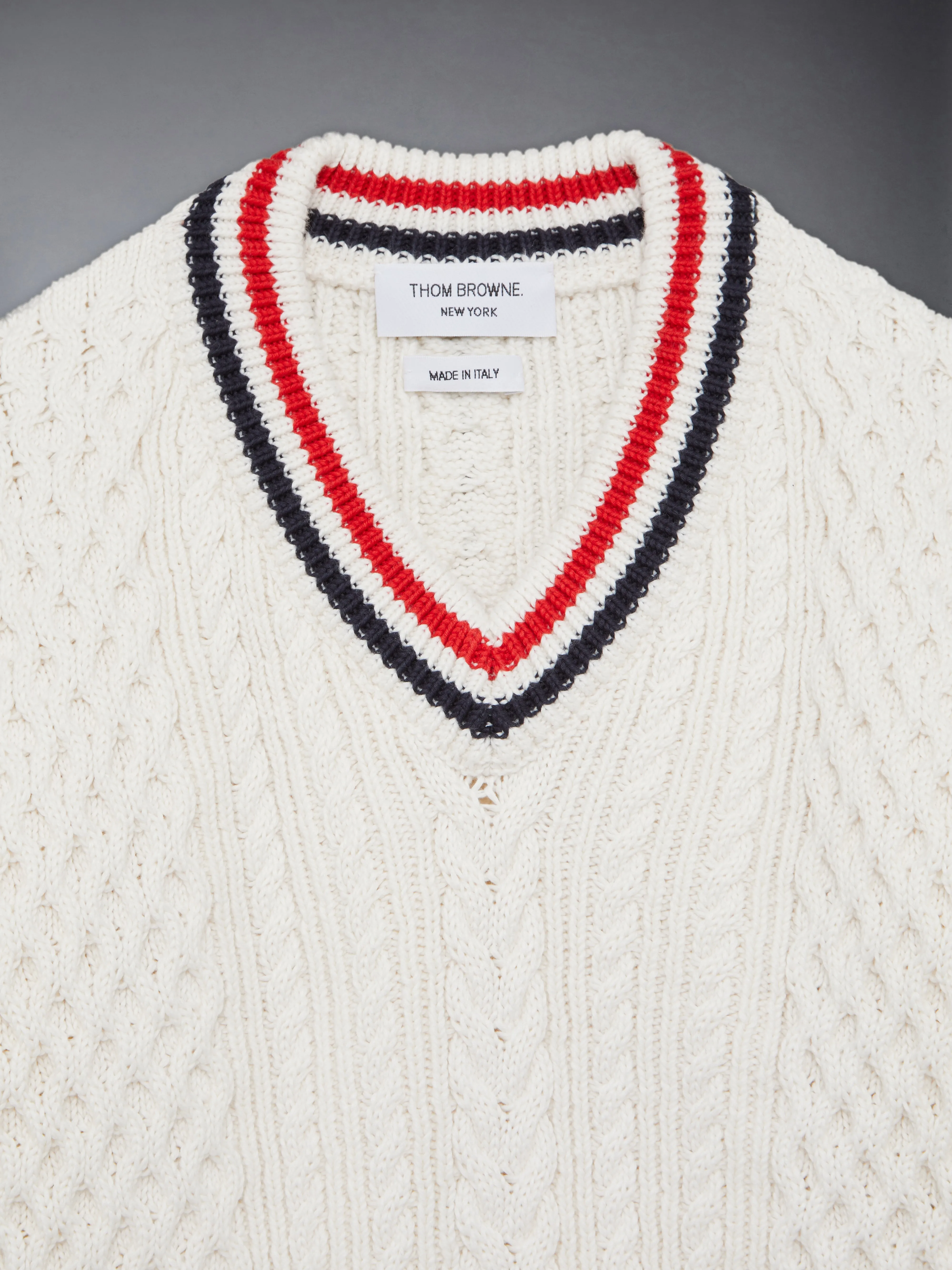 ARAN CABLE RWB CRICKET STRIPE PULLOVER sold by Thom Browne product image thumbnail 3