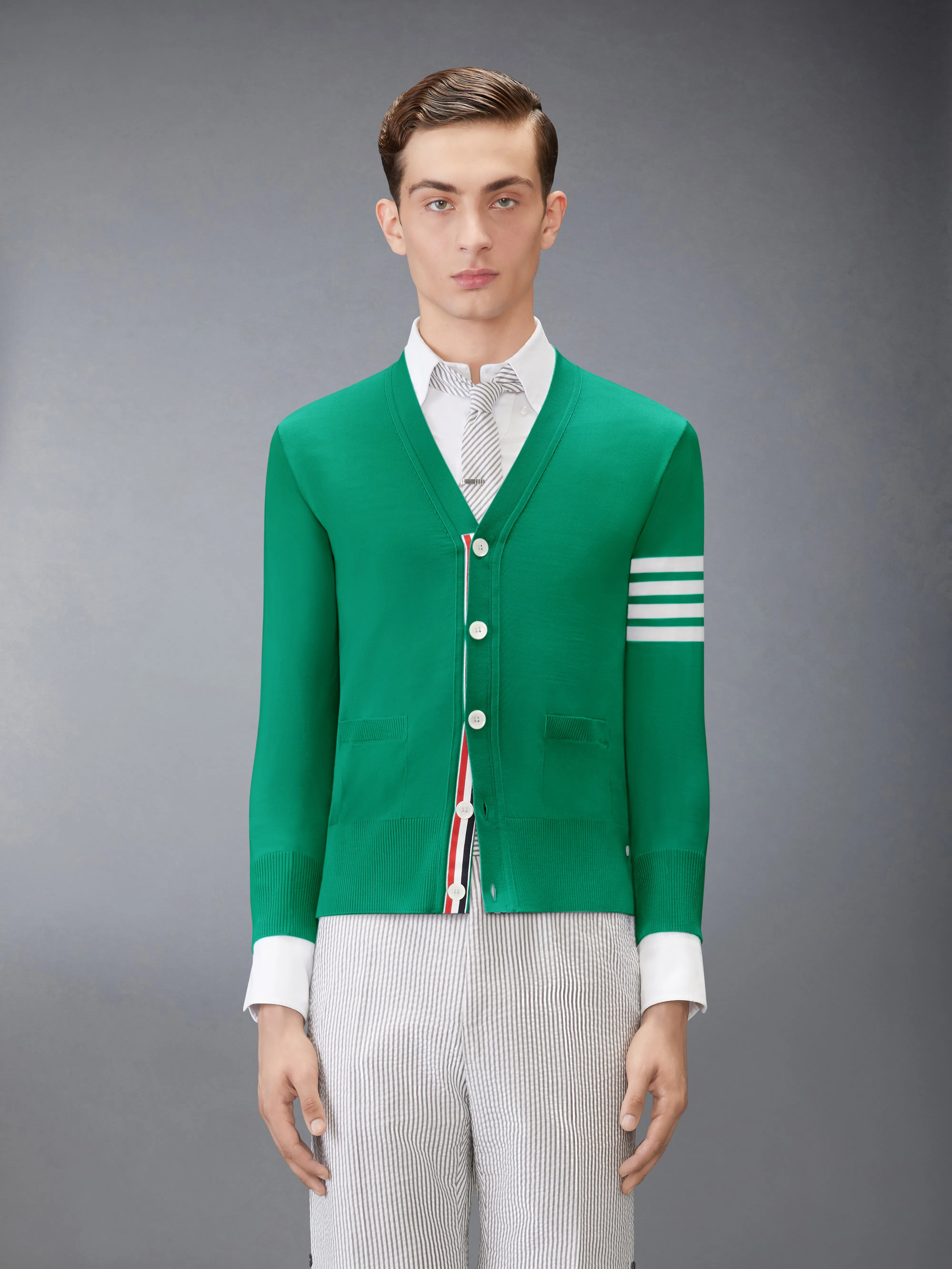 MERINO WOOL 4-BAR CLASSIC V-NECK CARDIGAN sold by Thom Browne