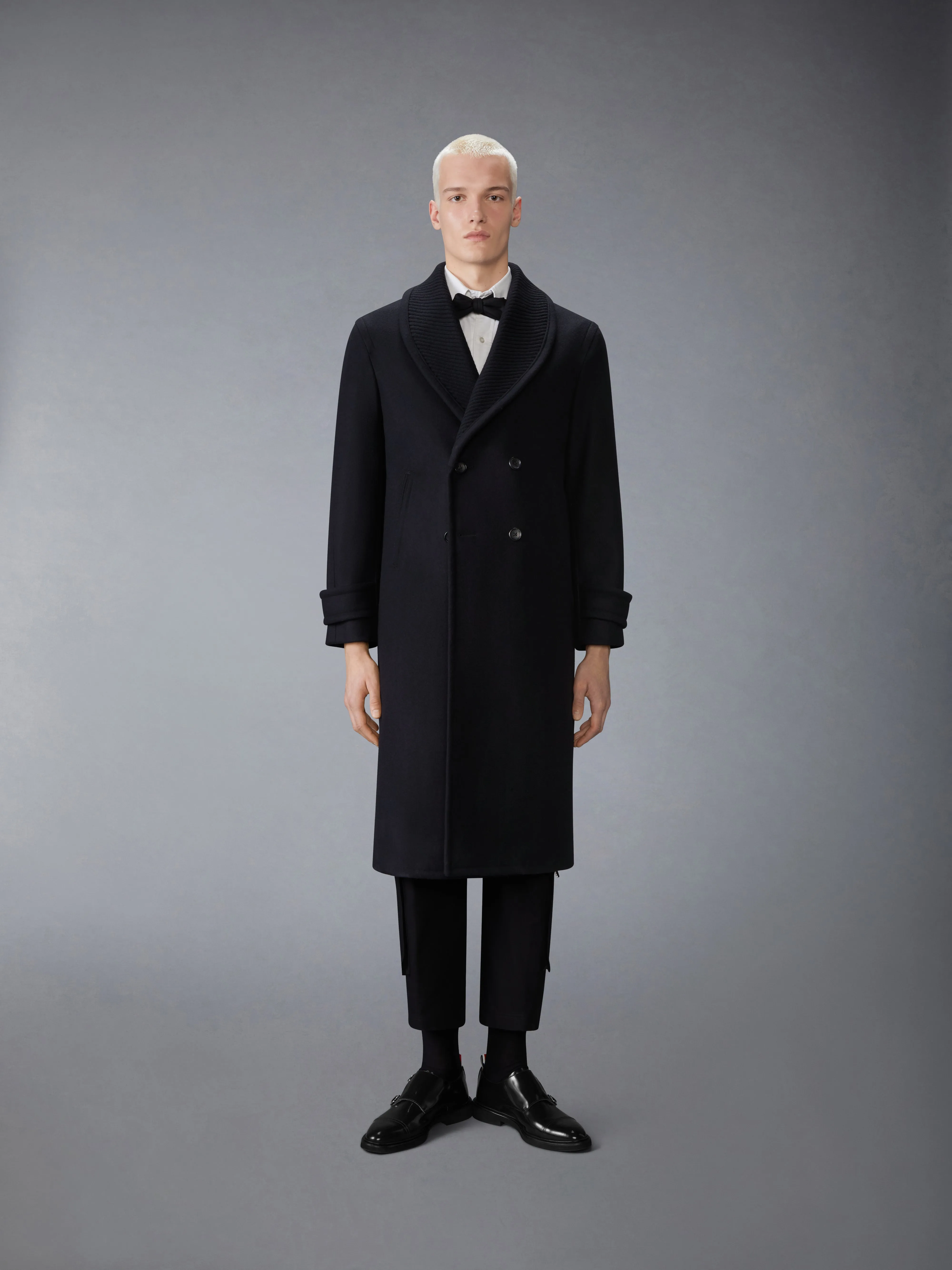 KNIT SHAWL COLLAR MELTON OVERCOAT sold by Thom Browne
