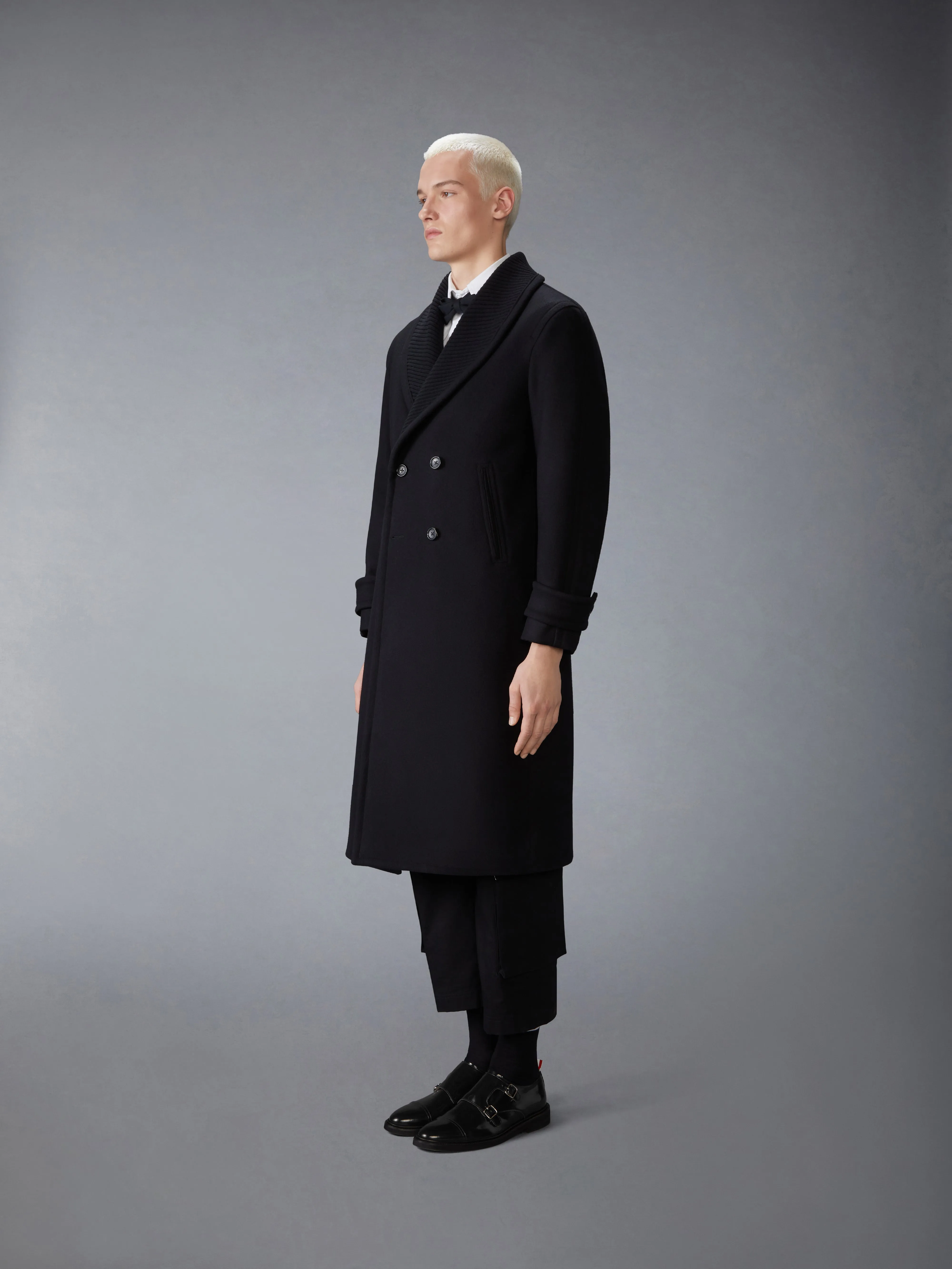 KNIT SHAWL COLLAR MELTON OVERCOAT sold by Thom Browne product image thumbnail 2