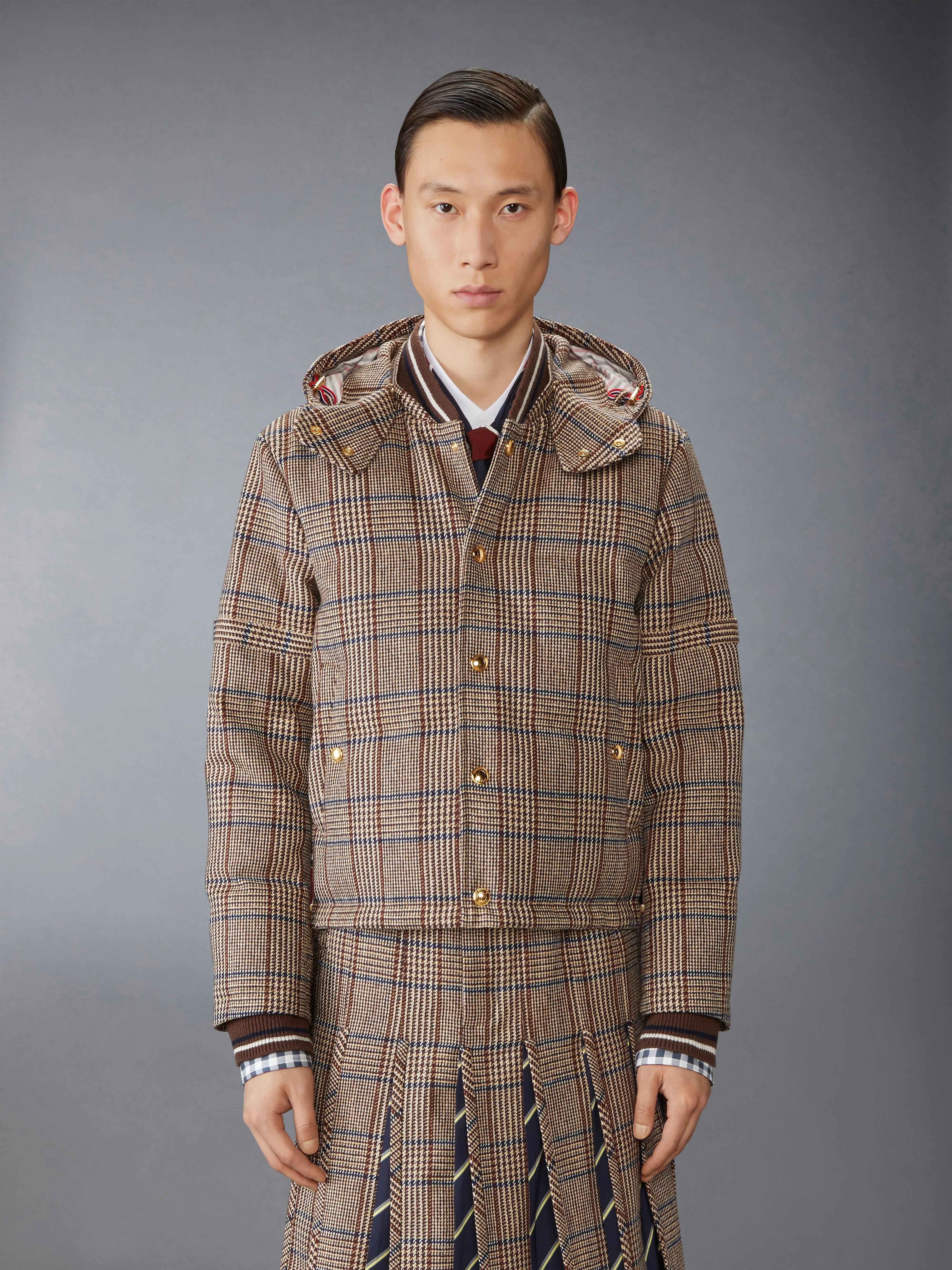 HUNTING TWEED 4-BAR DOWN FILL BOMBER JACKET sold by Thom Browne
