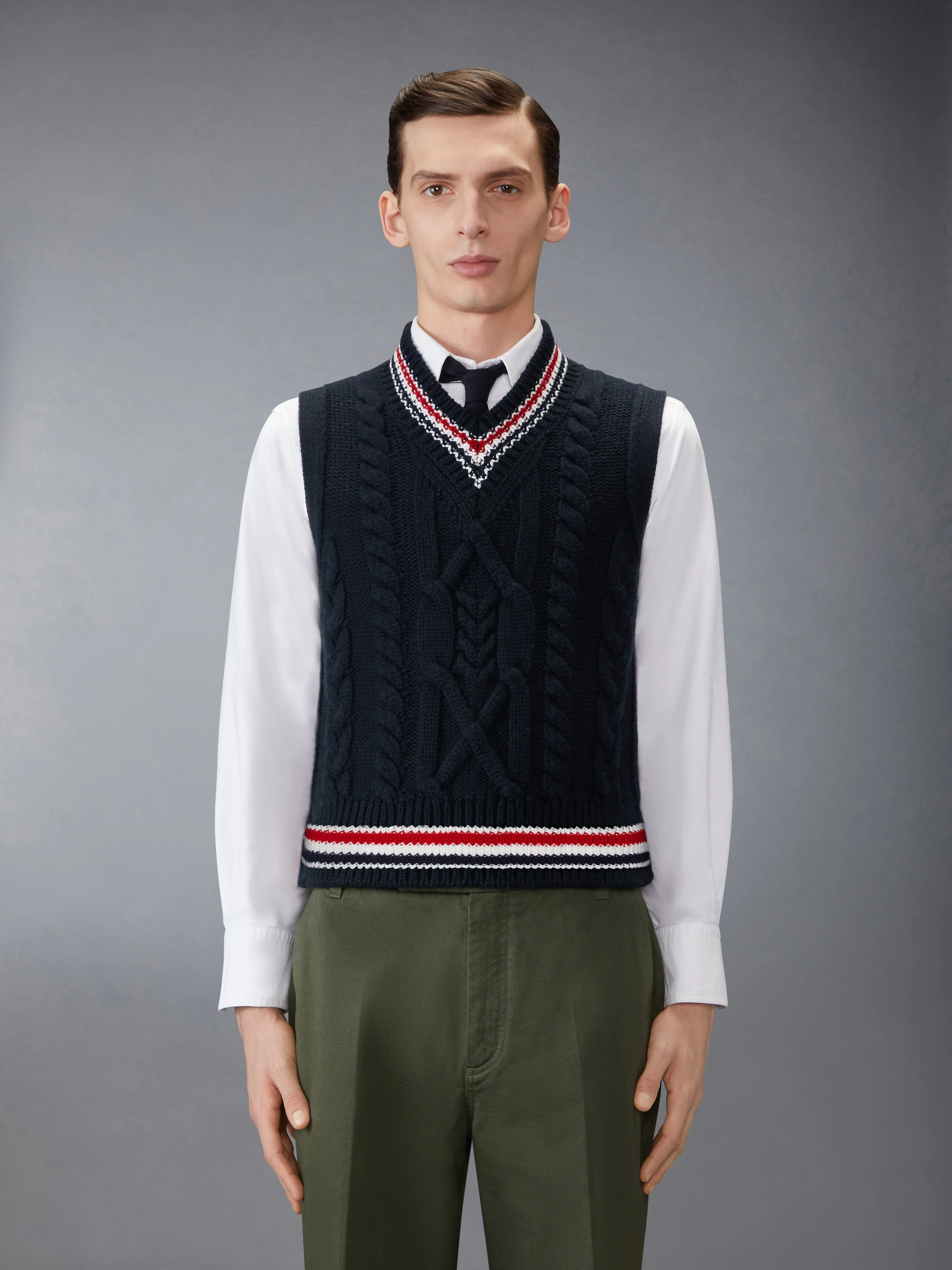 ARAN CABLE STITCH MERINO WOOL VEST sold by Thom Browne