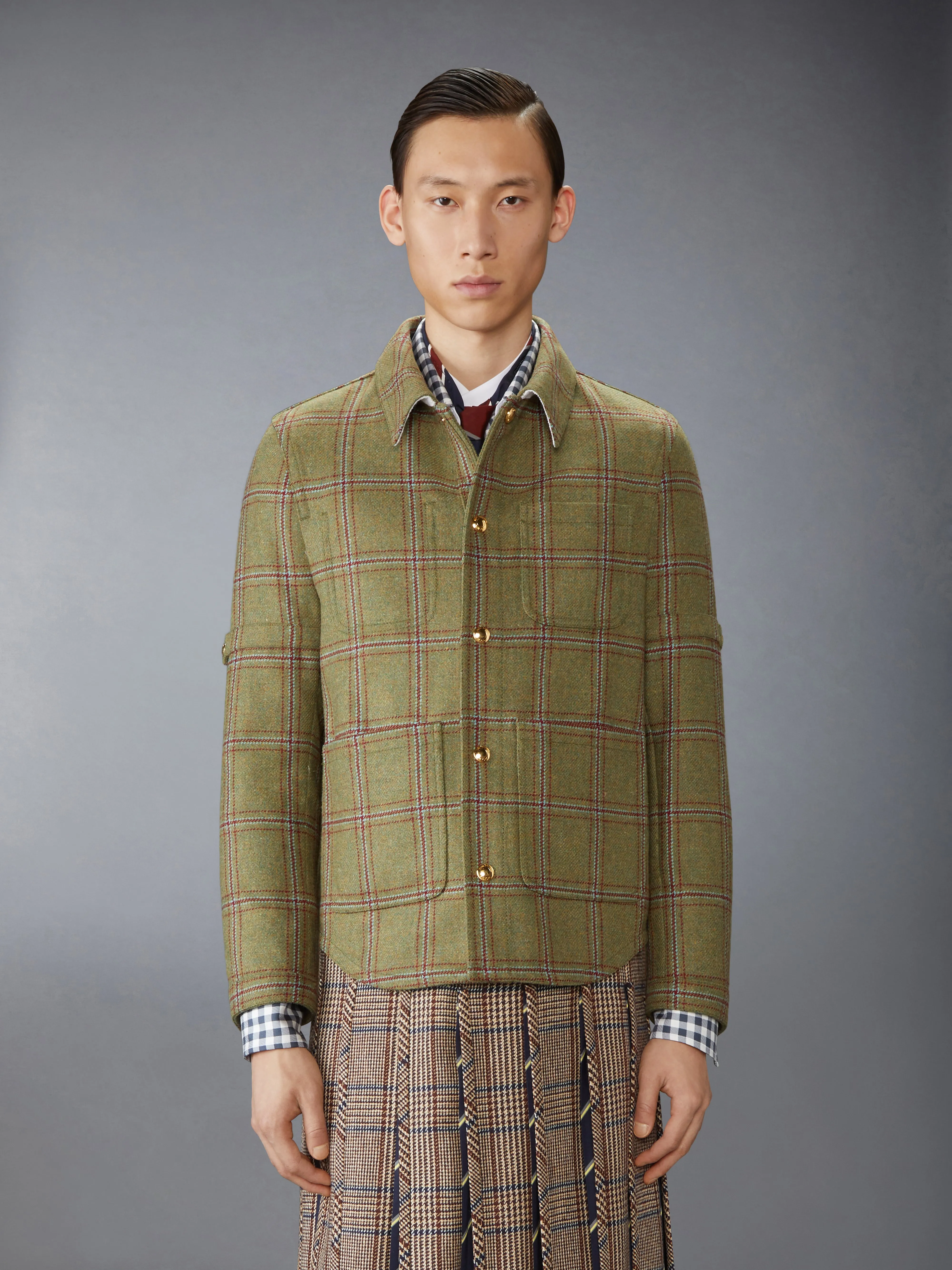 HUNTING TWEED ARMBAND UTILITY JACKET sold by Thom Browne