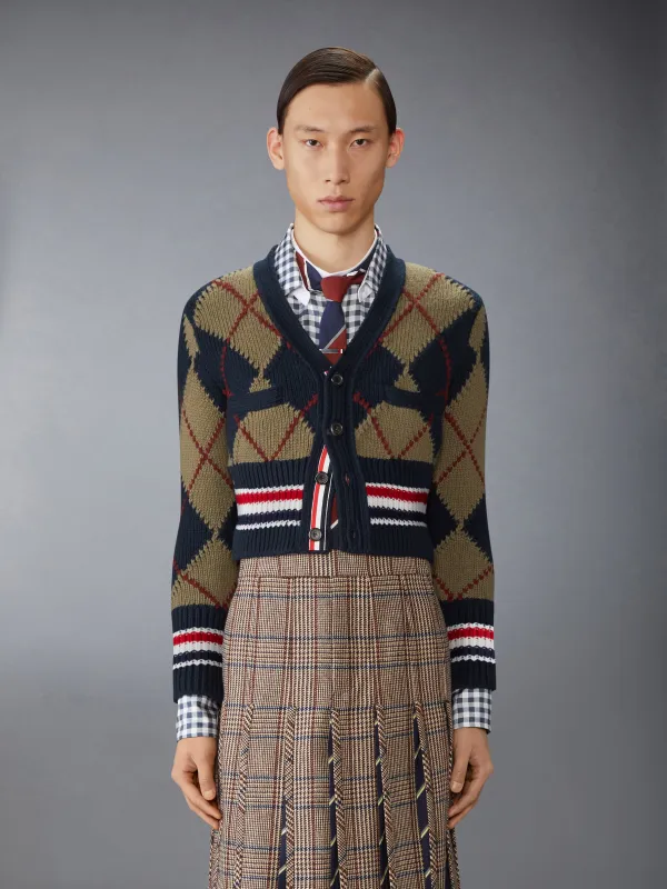 MERINO WOOL ARGYLE INTARSIA V NECK CARDIGAN sold by Thom Browne