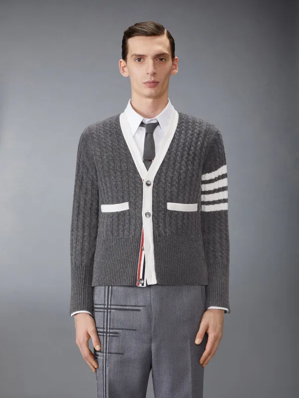 CASHMERE 4-BAR V NECK CARDIGAN sold by Thom Browne