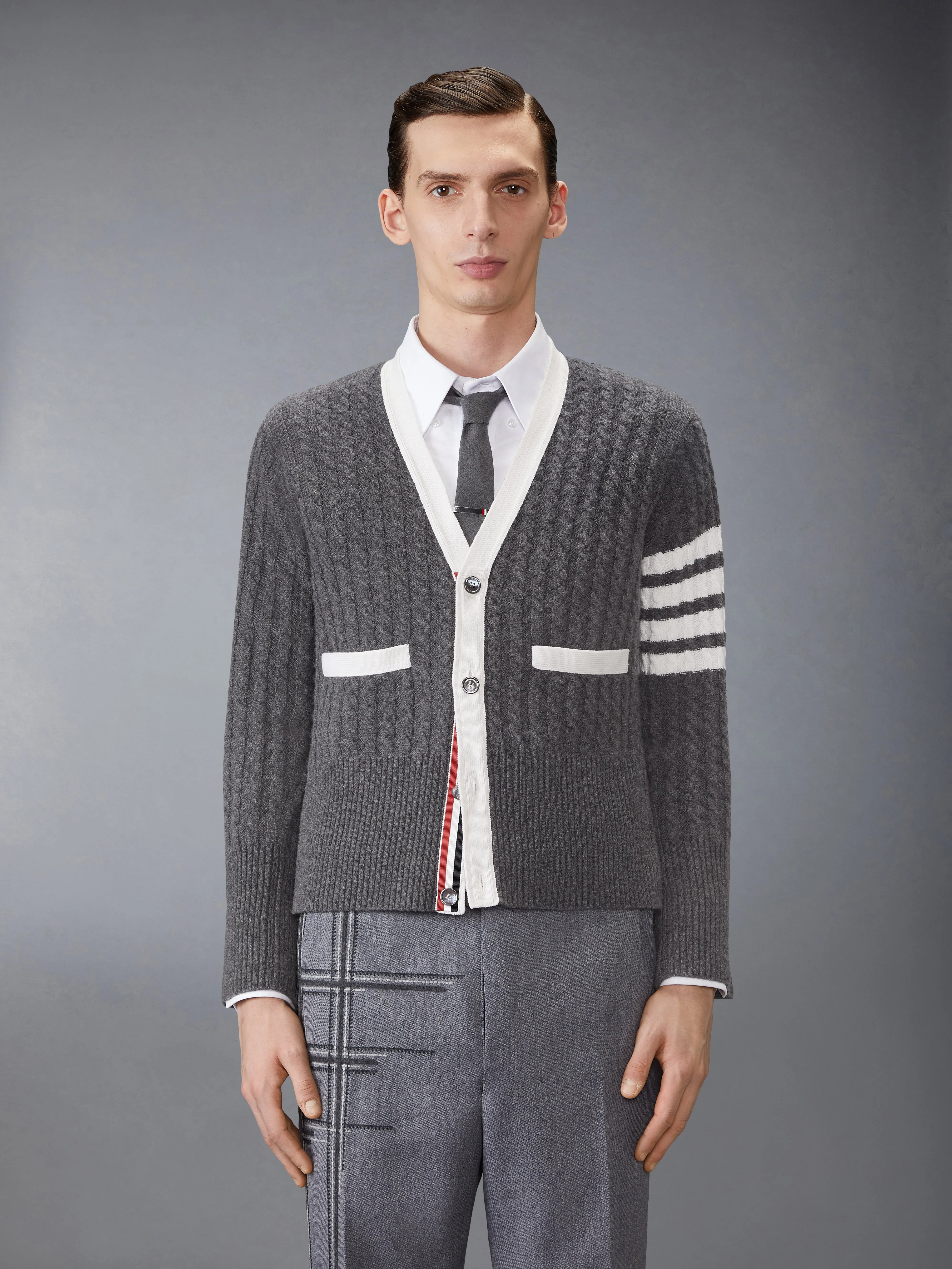 CASHMERE 4-BAR V NECK CARDIGAN sold by Thom Browne