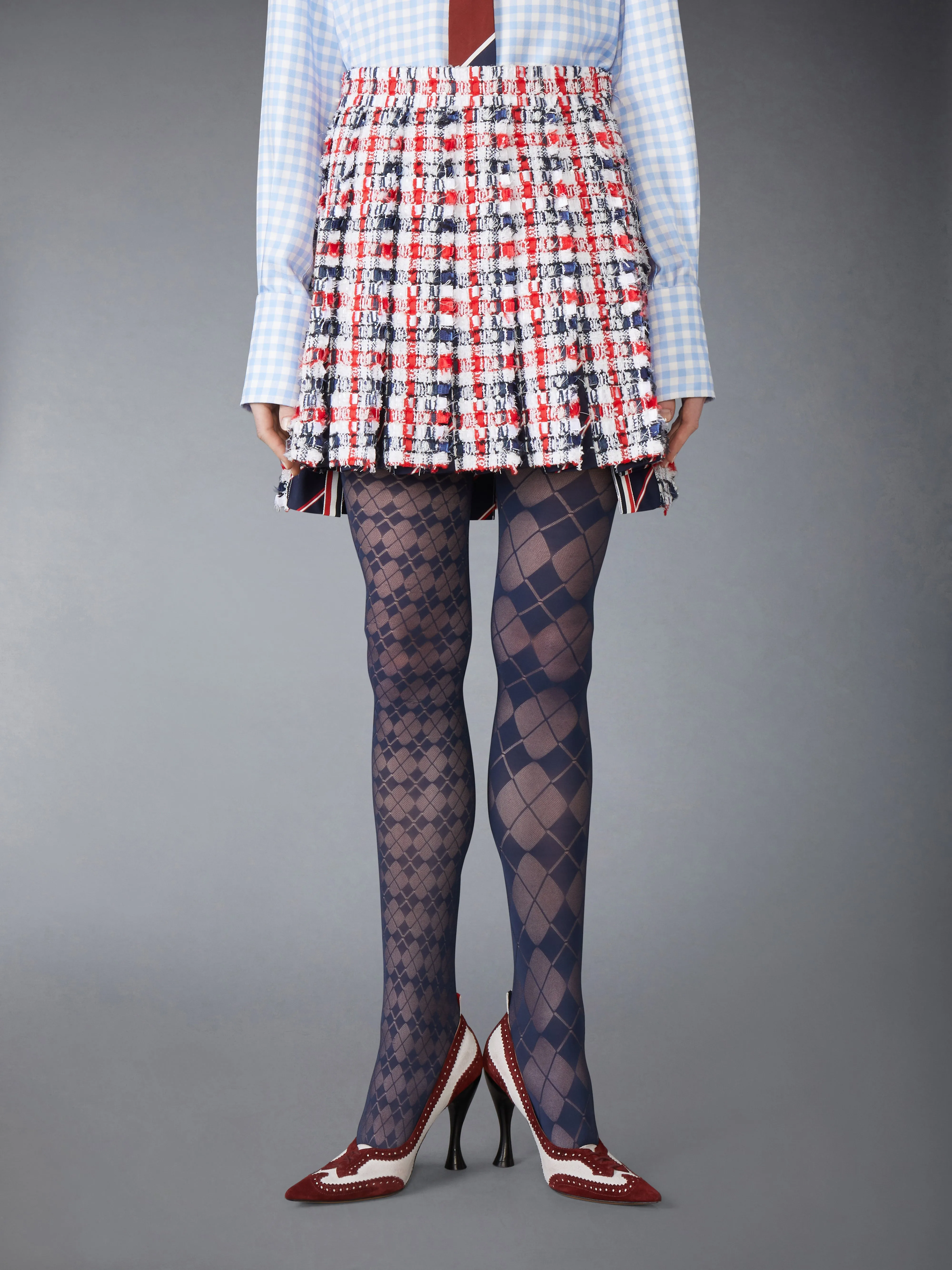 GINGHAM SATIN RIBBON TWEED PLEATED MINI SKIRT sold by Thom Browne