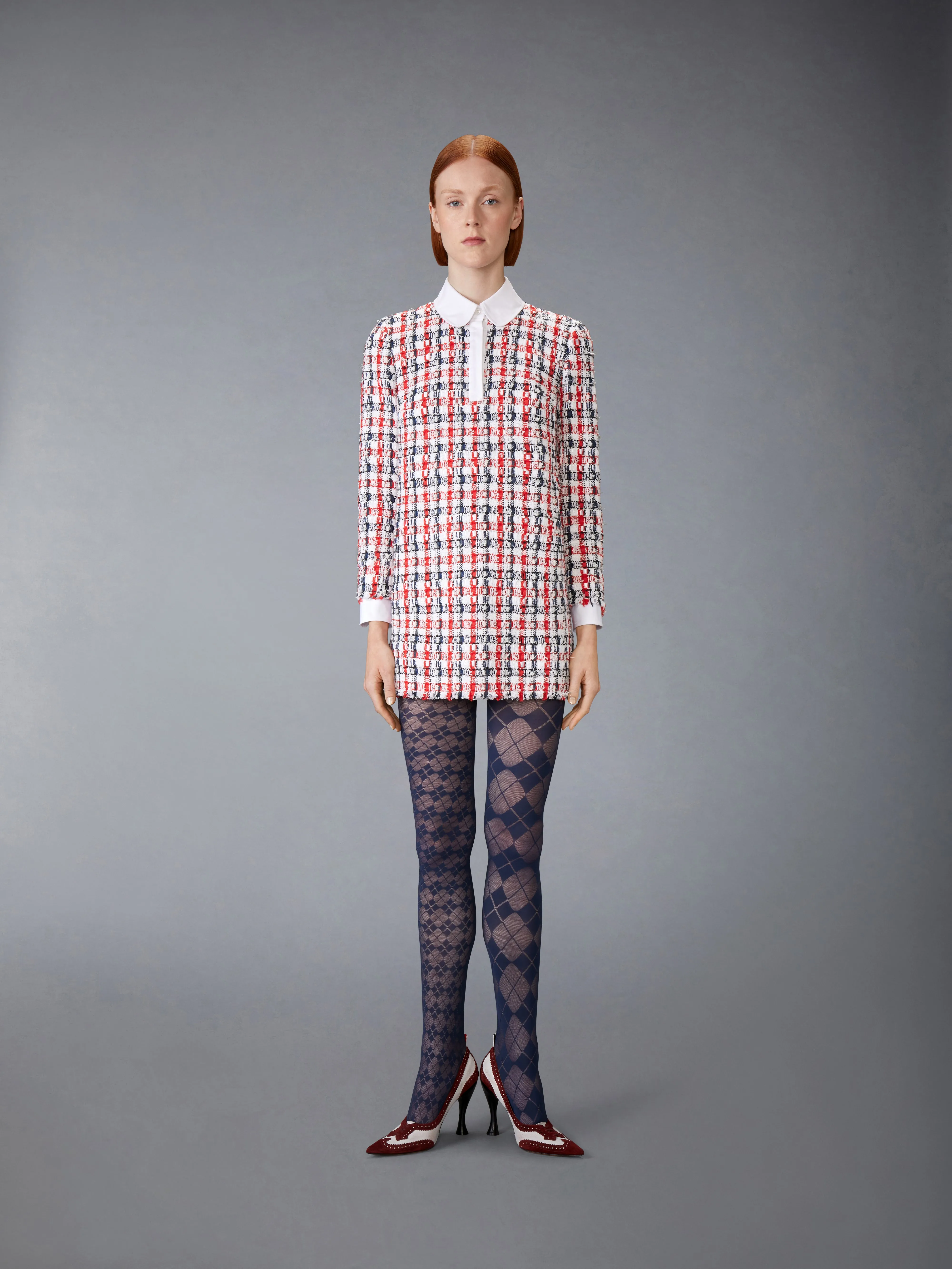 GINGHAM SATIN RIBBON TWEED SHIFT DRESS sold by Thom Browne