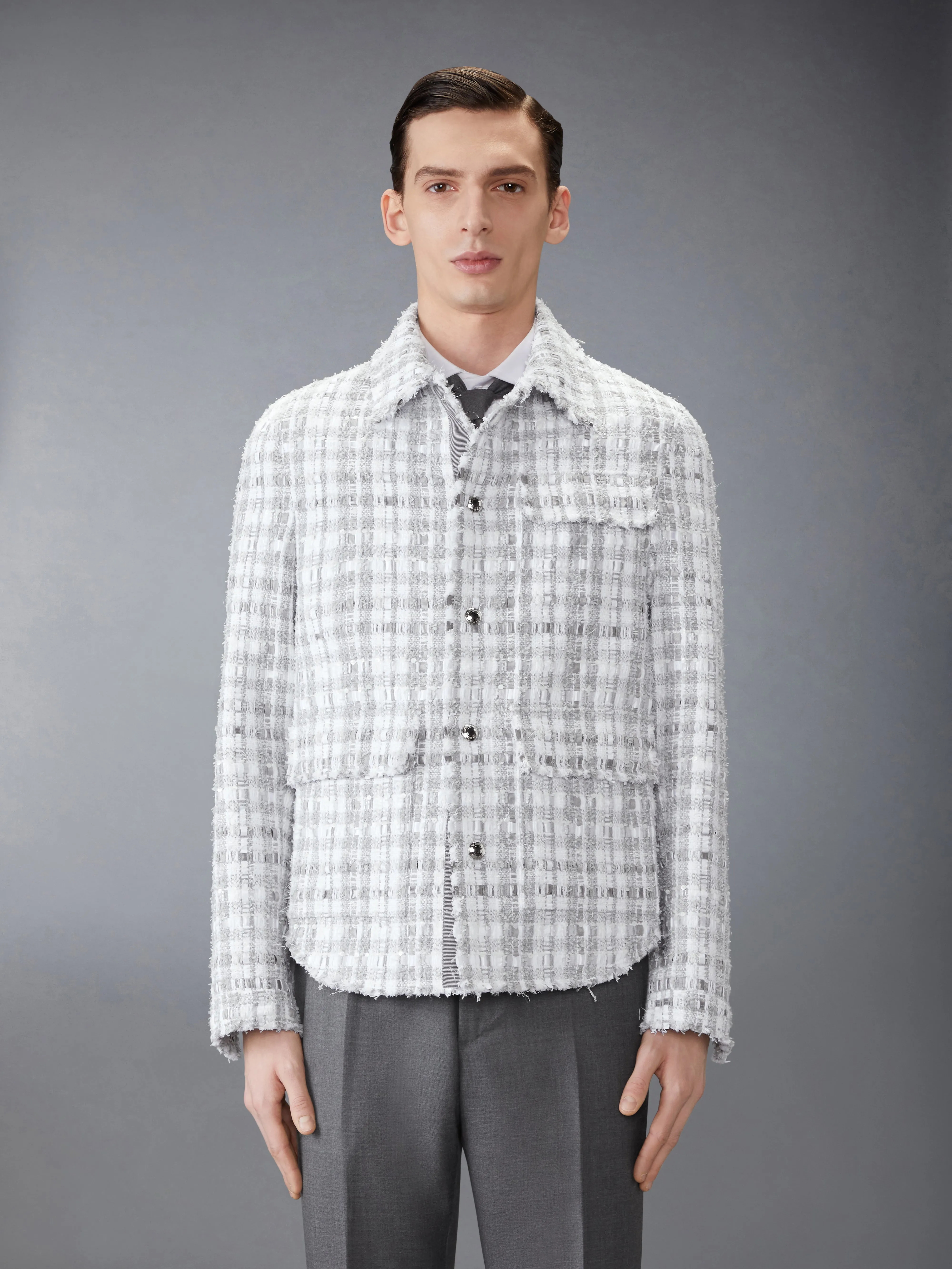 GINGHAM TWEED UTILITY JACKET sold by Thom Browne