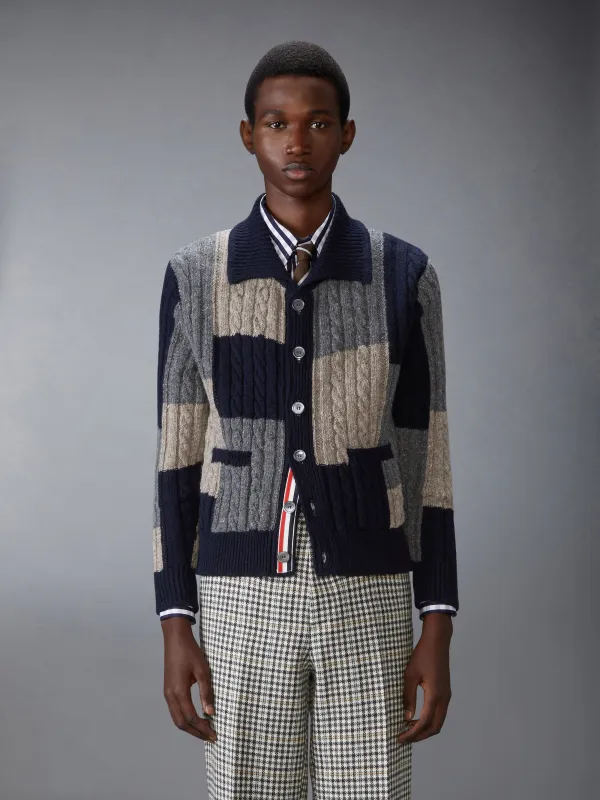 DONEGAL PATCHWORK INTARSIA MOCK NECK CARDIGAN sold by Thom Browne