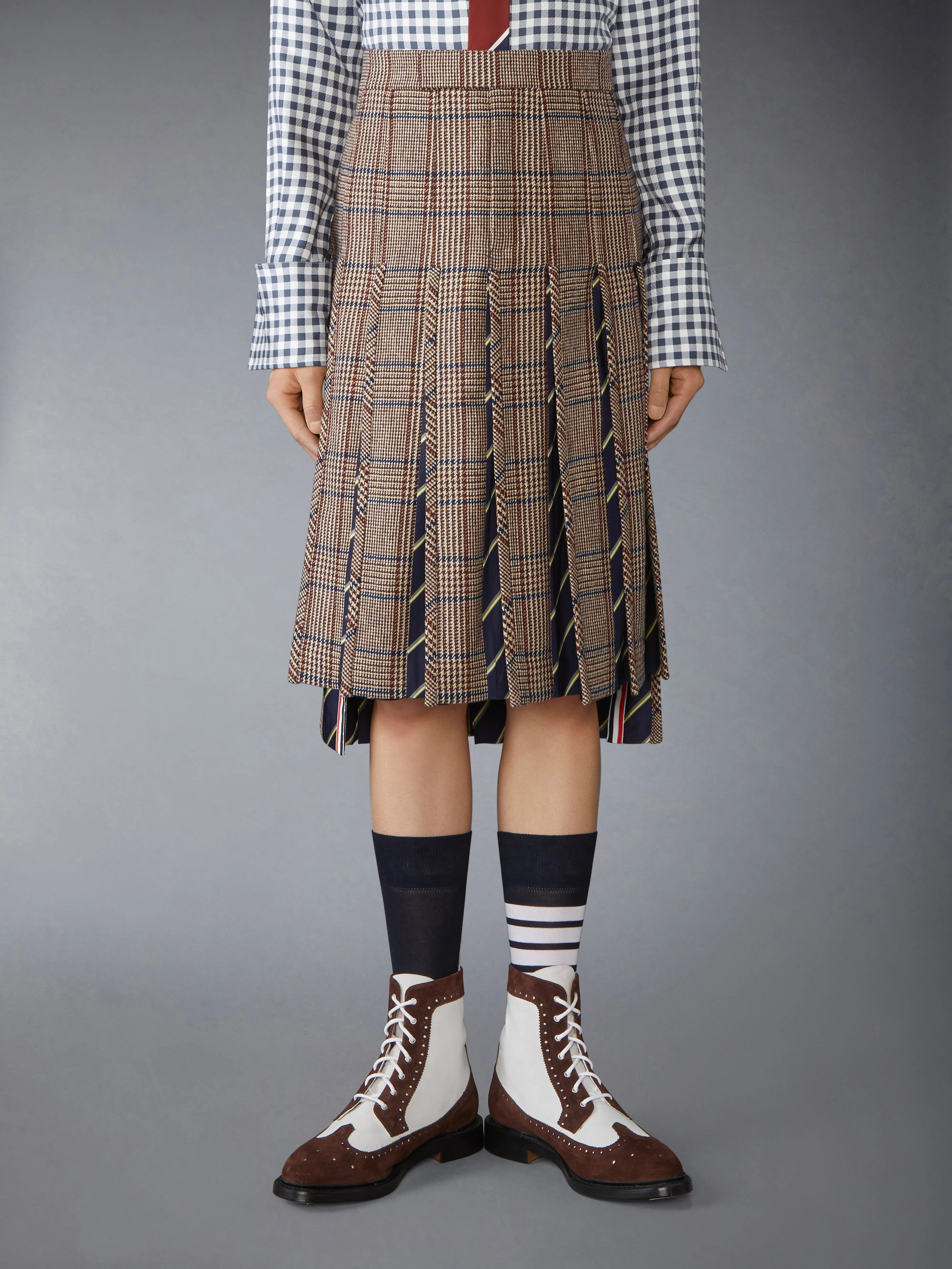 HUNTING TWEED LOW RISE PLEATED SKIRT sold by Thom Browne