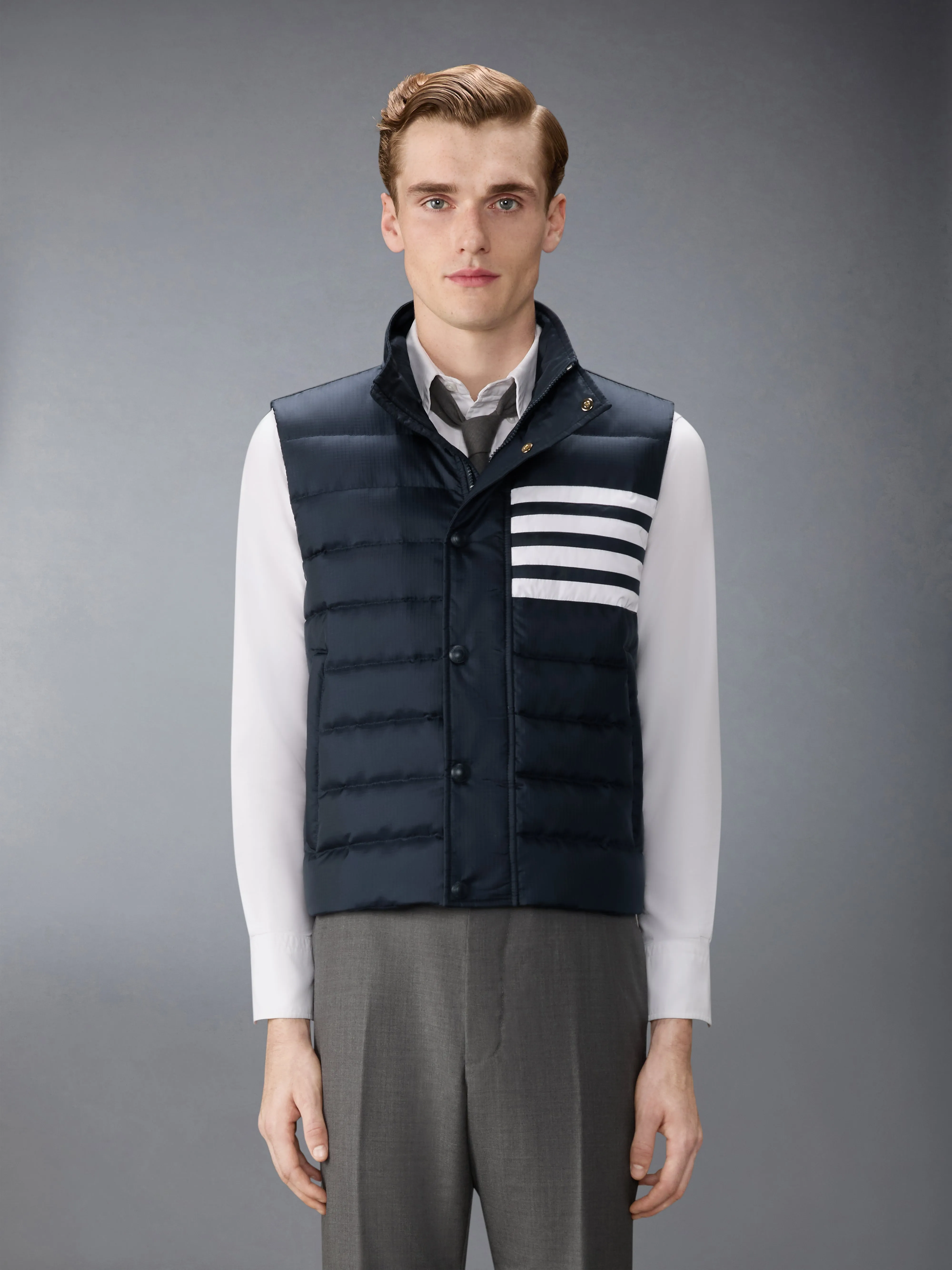 SHINY RIPSTOP LIGHTWEIGHT DOWN FILLED 4-BAR VEST sold by Thom Browne