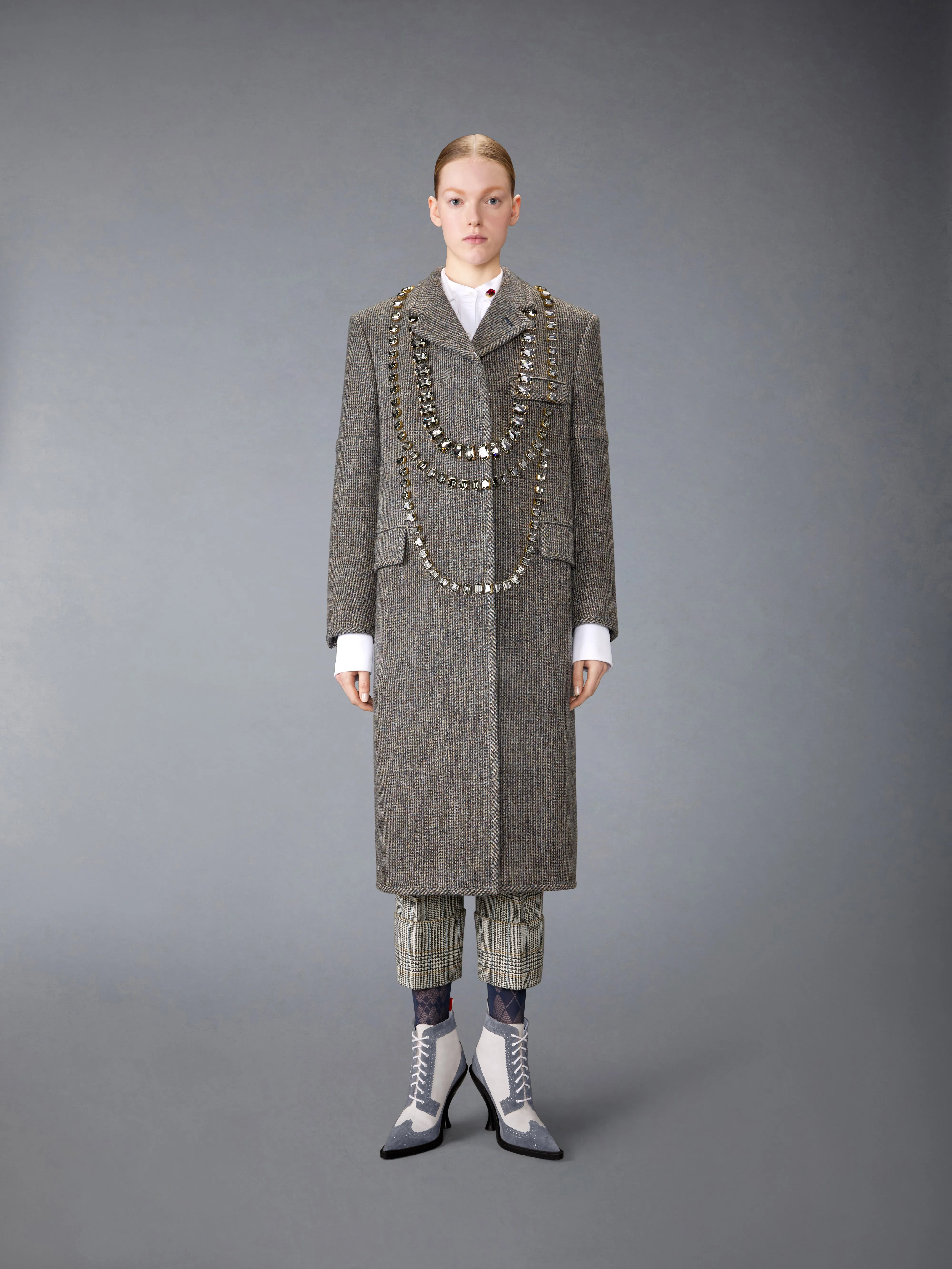 MICRO CHECK CHESTERFIELD TROMPE L'OEIL COATWITH SWAROVKI CRYSTAL sold by Thom Browne