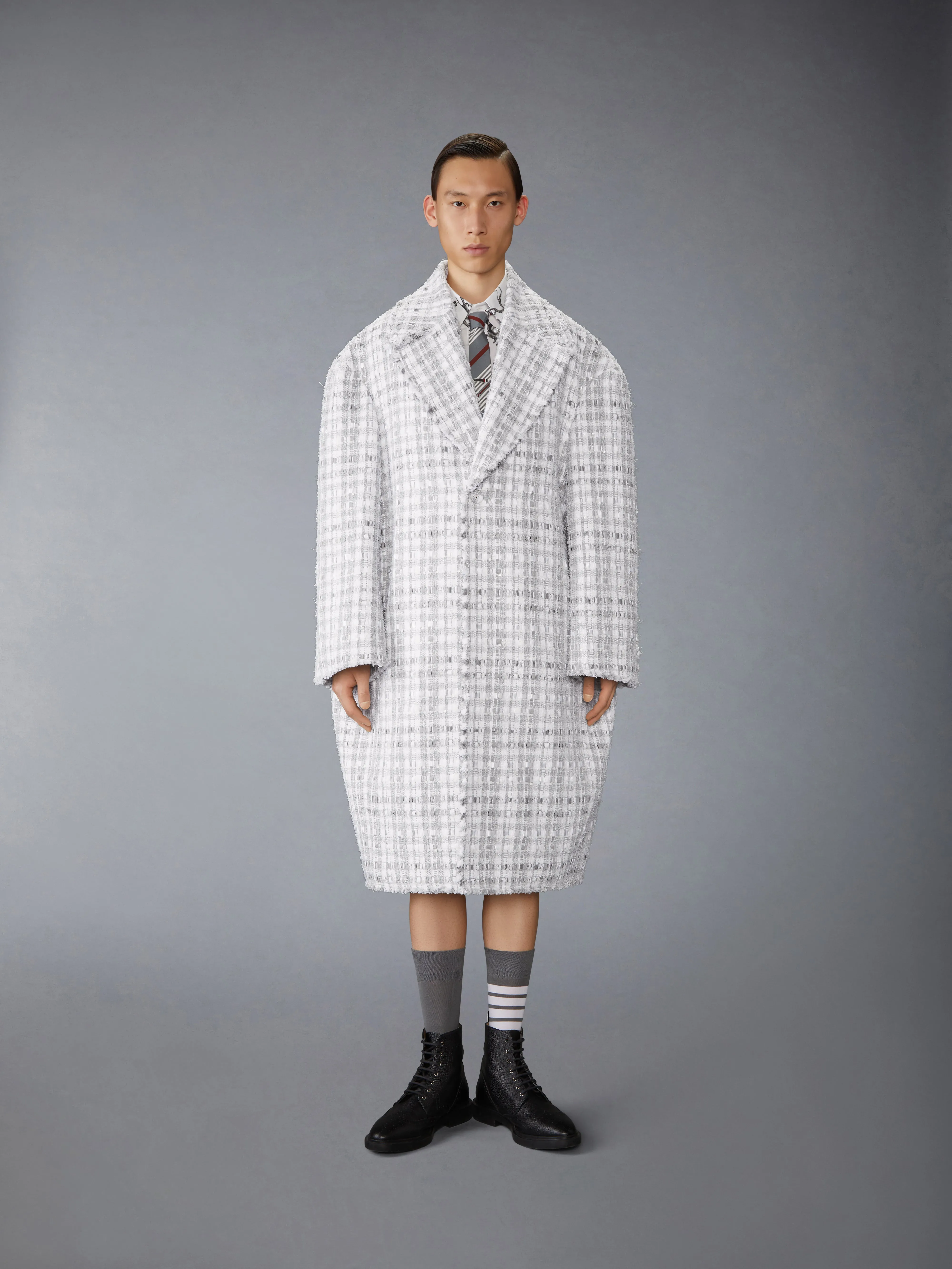 GINGHAM RIBBON TWEED COCOON COAT sold by Thom Browne