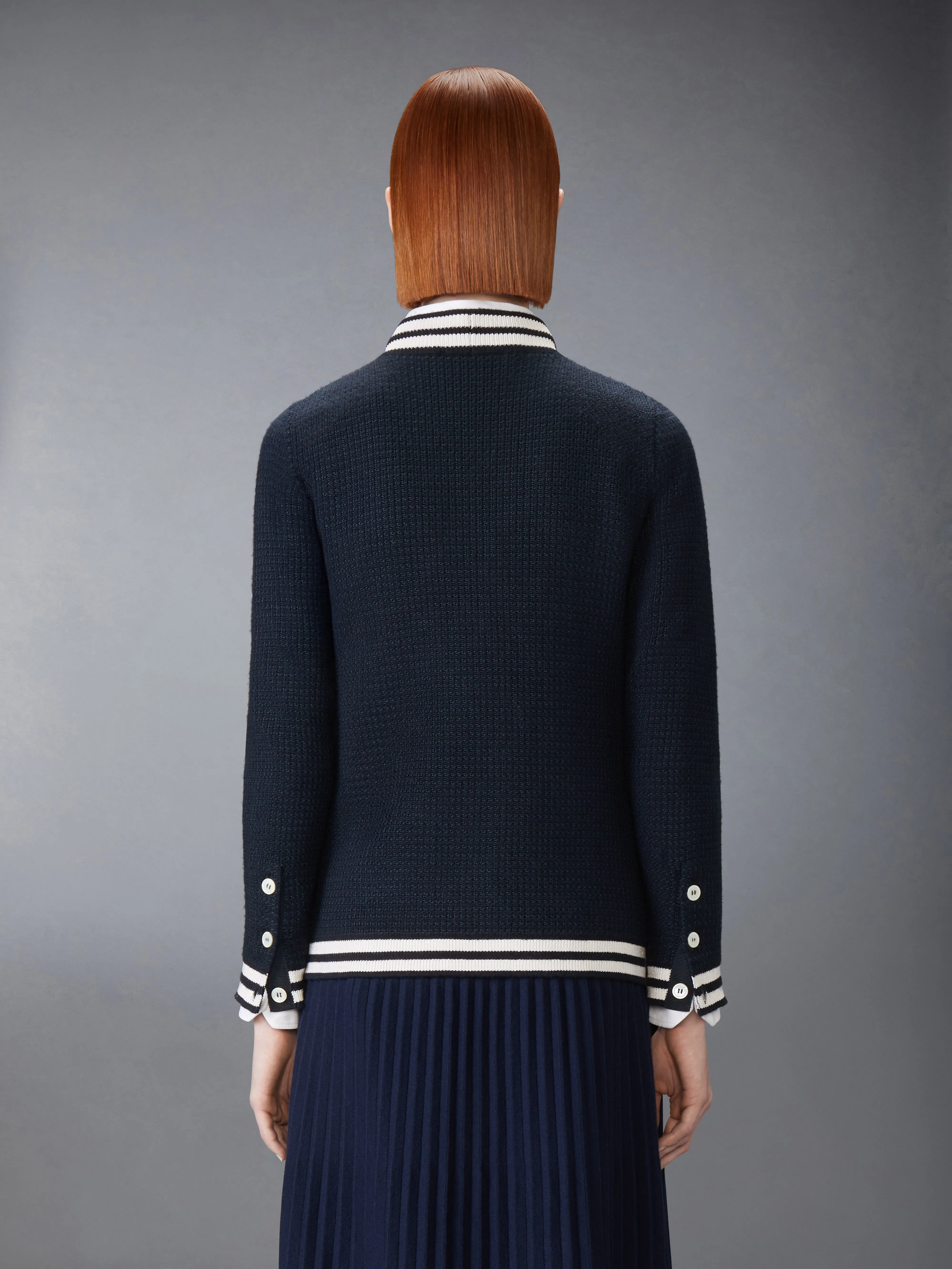 TUCK STITCH SILK CASHMERE & WOOL V NECK CARDIGAN sold by Thom Browne product image thumbnail 2