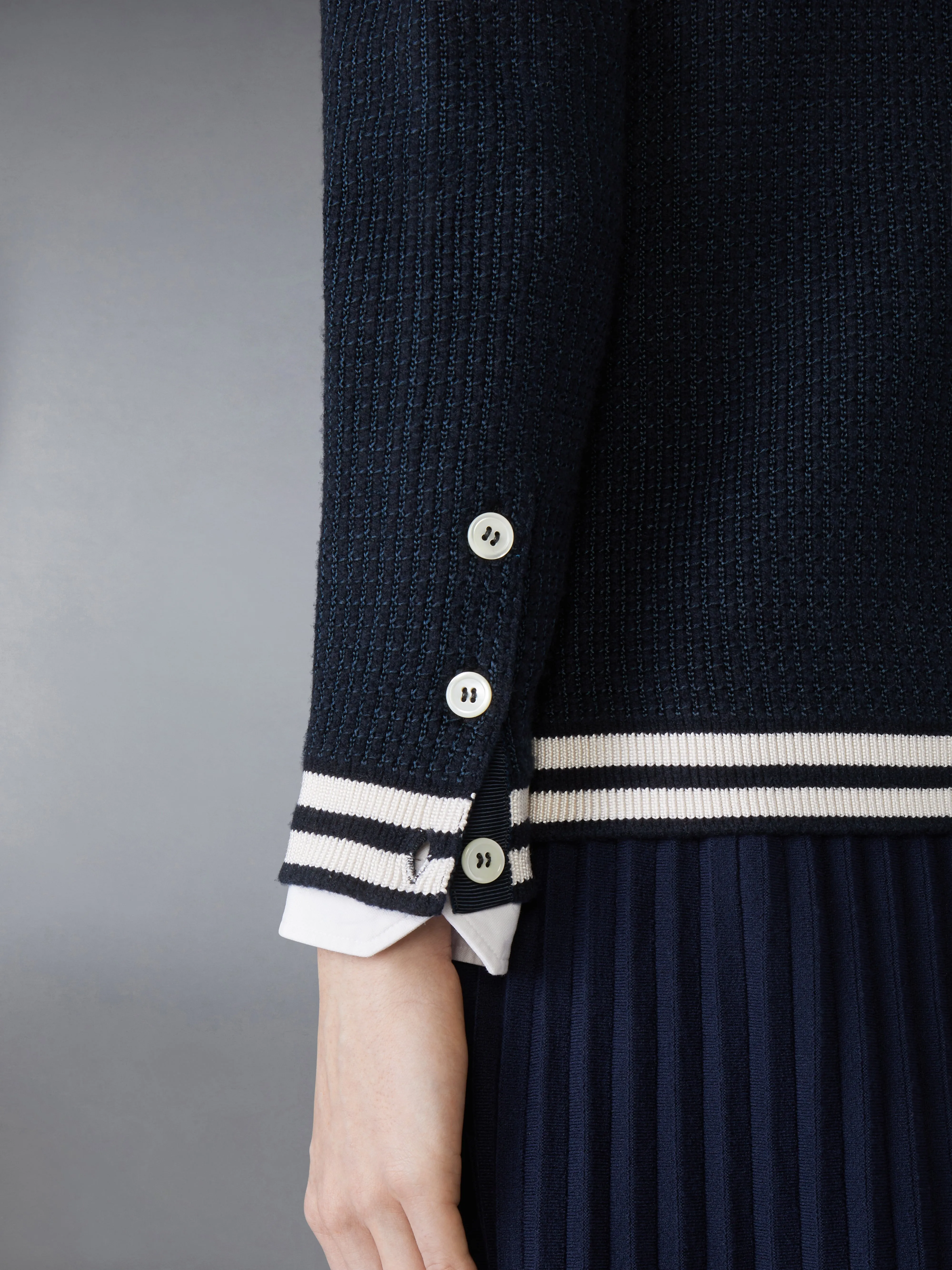 TUCK STITCH SILK CASHMERE & WOOL V NECK CARDIGAN sold by Thom Browne product image thumbnail 4