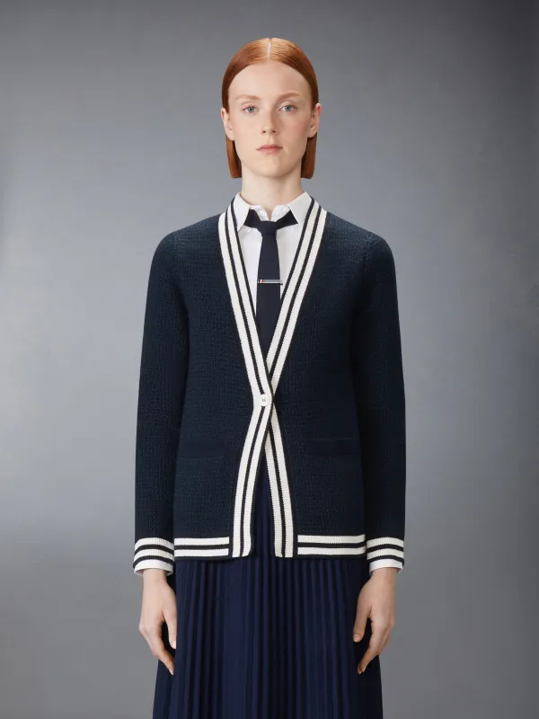 TUCK STITCH SILK CASHMERE & WOOL V NECK CARDIGAN sold by Thom Browne