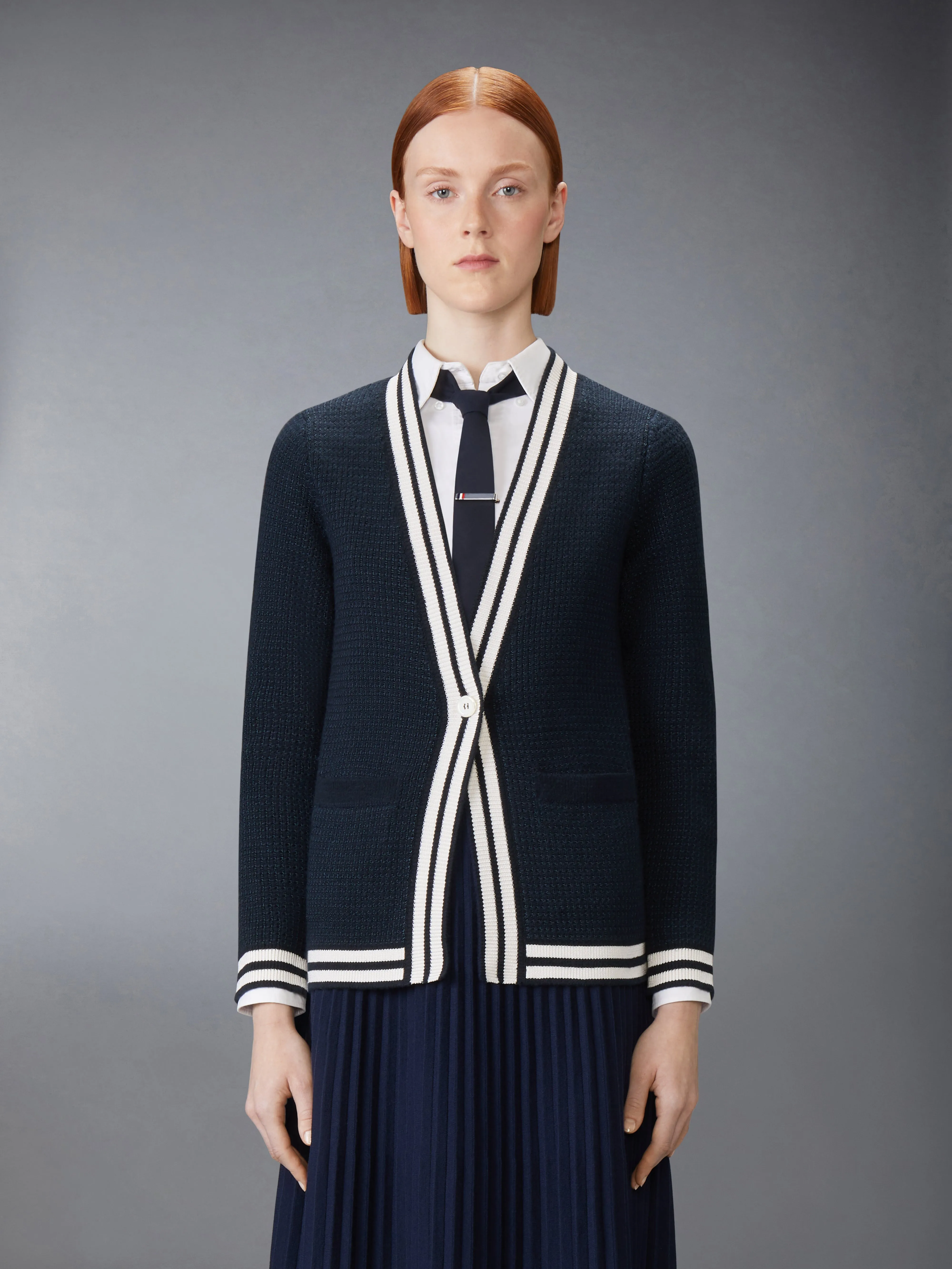 TUCK STITCH SILK CASHMERE & WOOL V NECK CARDIGAN sold by Thom Browne