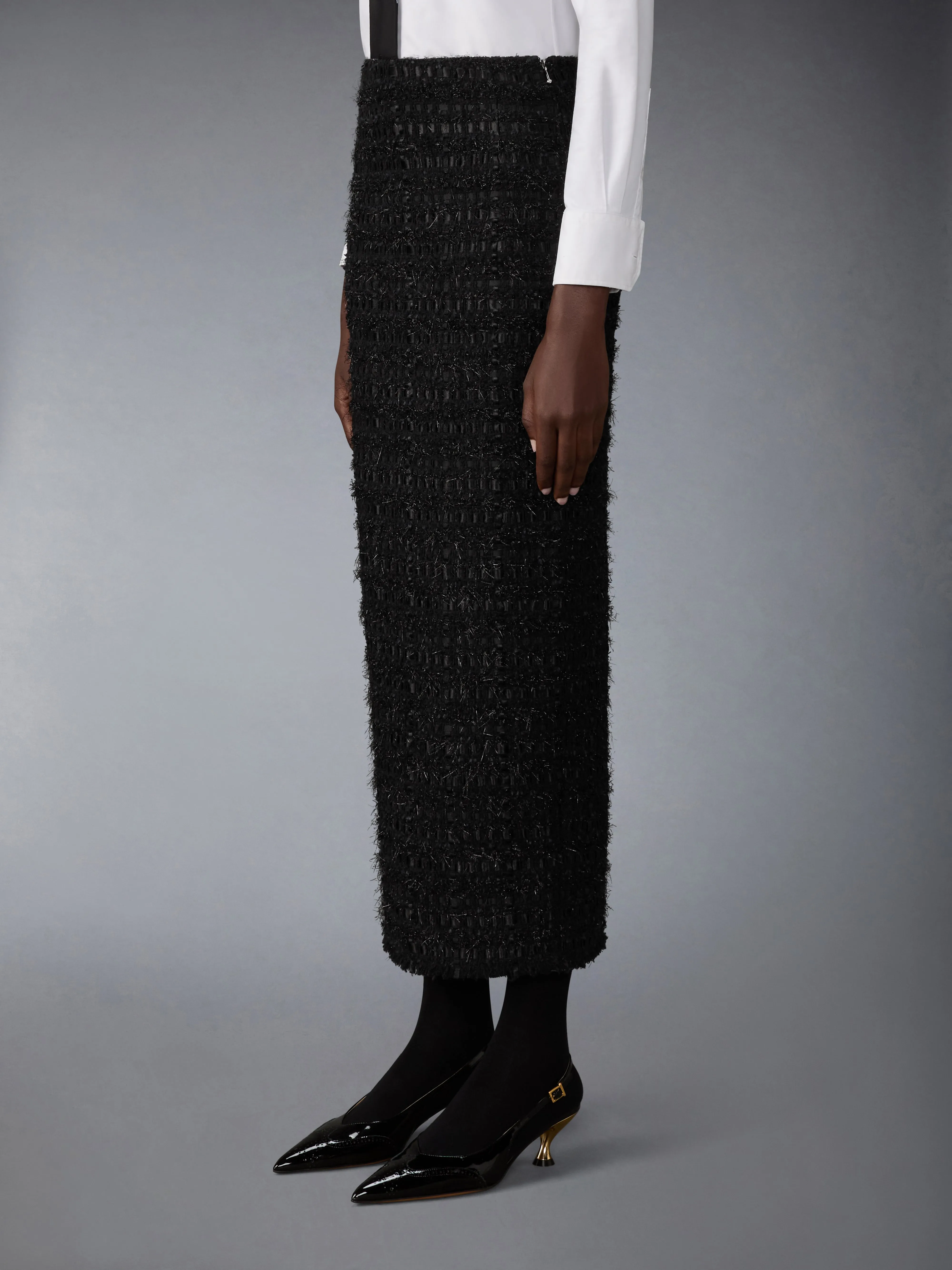 SATIN RIBBON TWEED FRAYED HOBBLE SKIRT sold by Thom Browne product image thumbnail 2