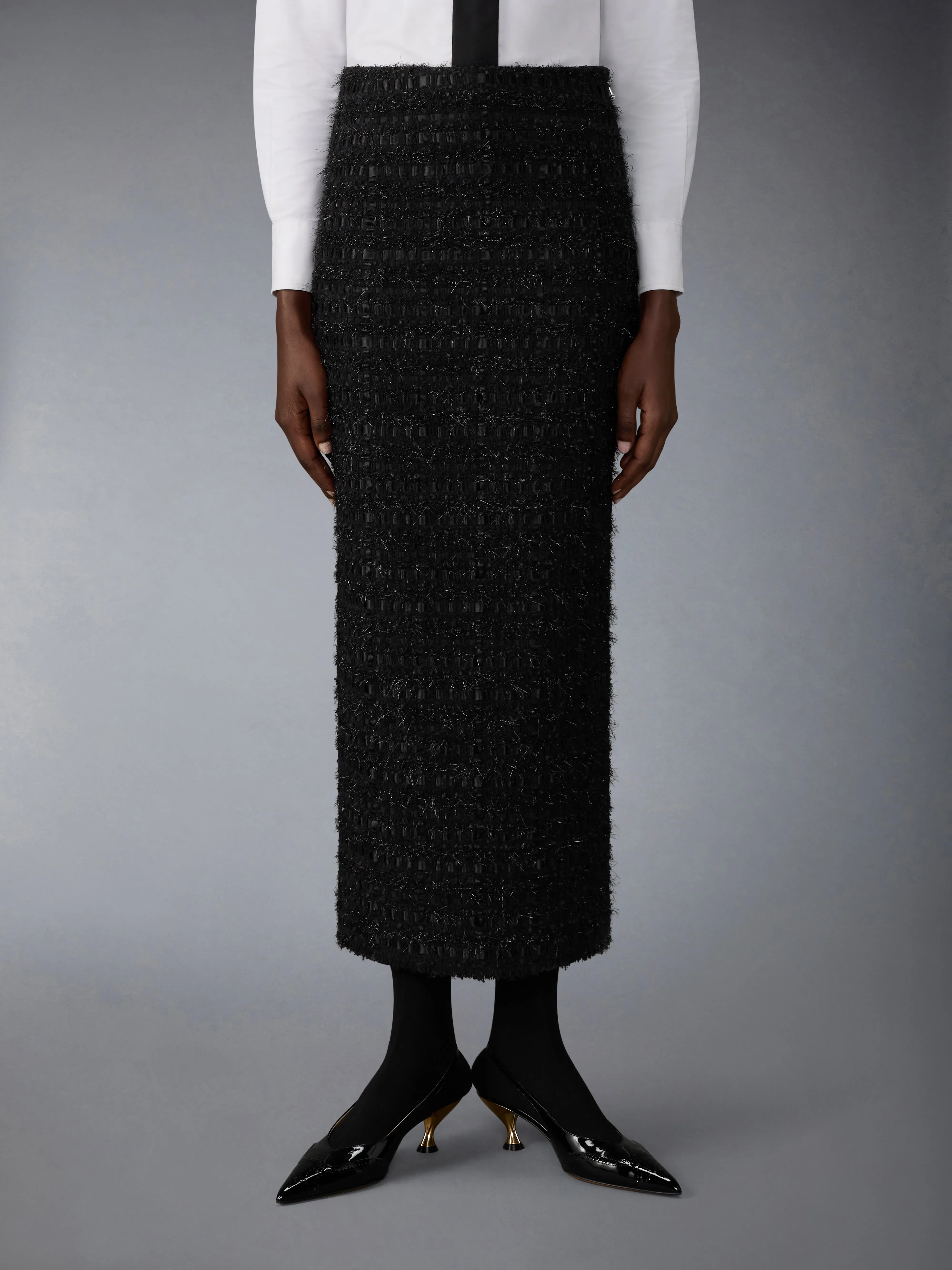 SATIN RIBBON TWEED FRAYED HOBBLE SKIRT sold by Thom Browne