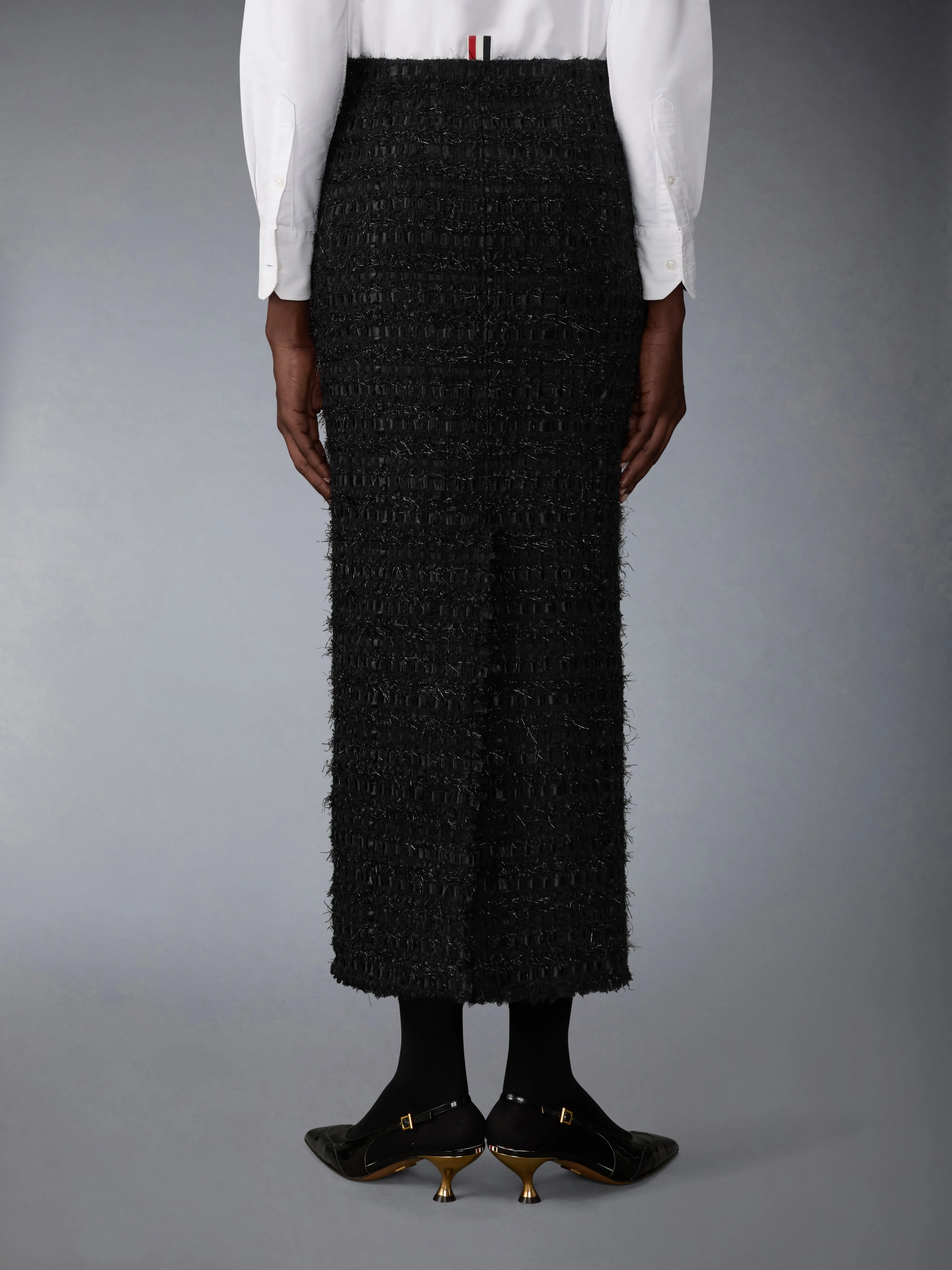 SATIN RIBBON TWEED FRAYED HOBBLE SKIRT sold by Thom Browne product image thumbnail 3