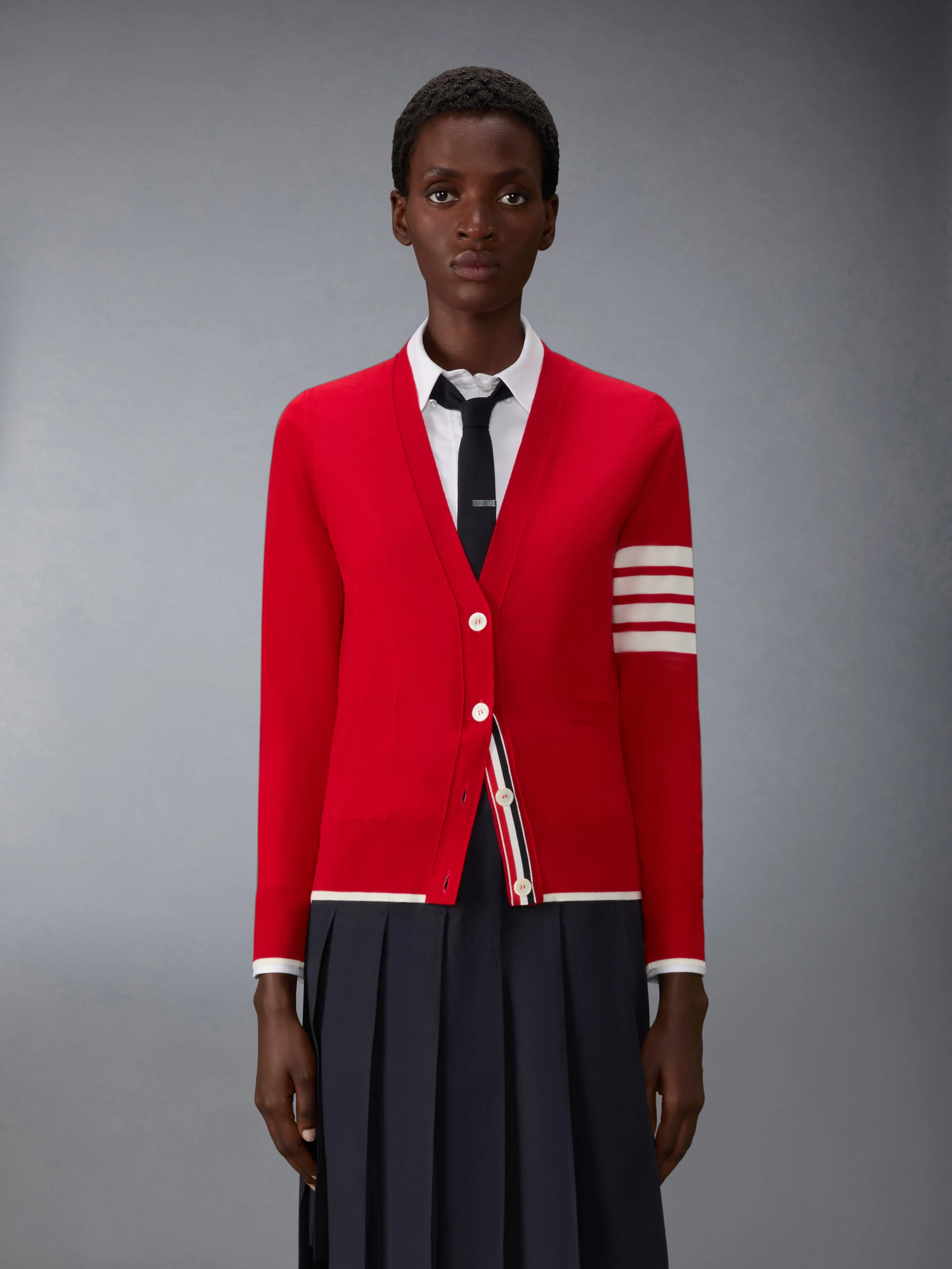 FINE MERINO WOOL 4-BAR RELAXED FIT CARDIGAN sold by Thom Browne