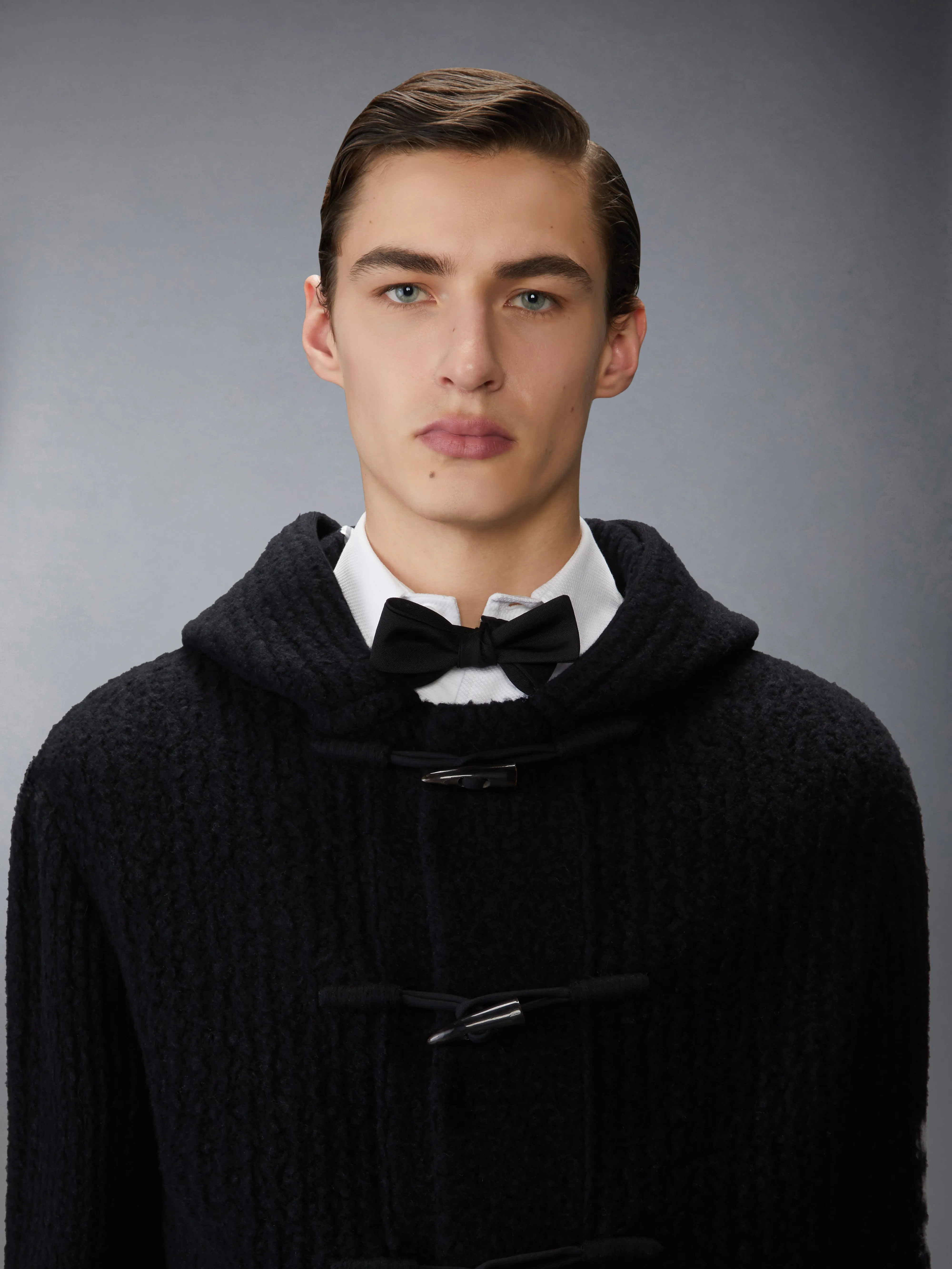INTARSIA 4-BAR BOILED MERINO WOOL DUFFLE COAT sold by Thom Browne product image thumbnail 4