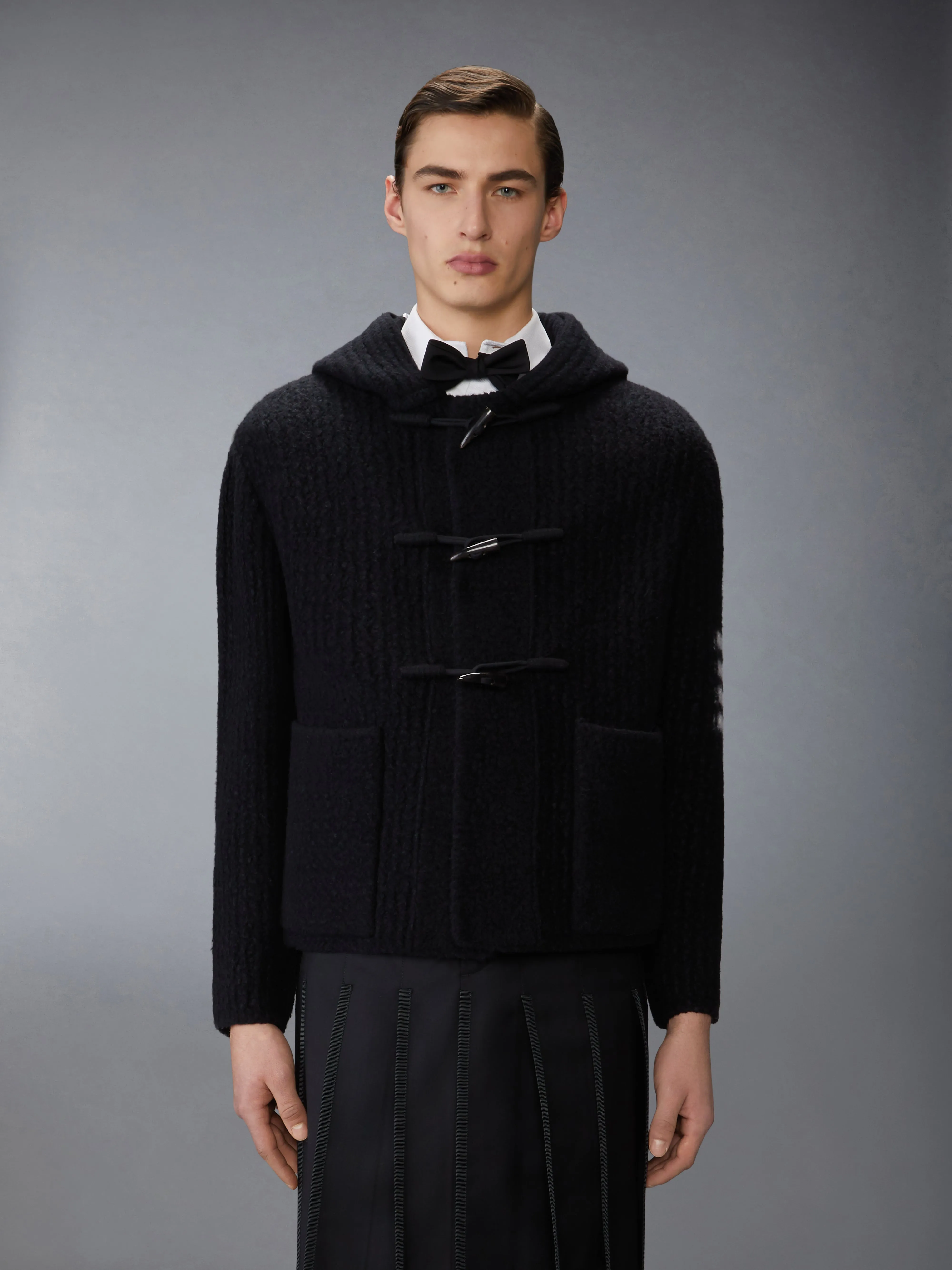 INTARSIA 4-BAR BOILED MERINO WOOL DUFFLE COAT sold by Thom Browne